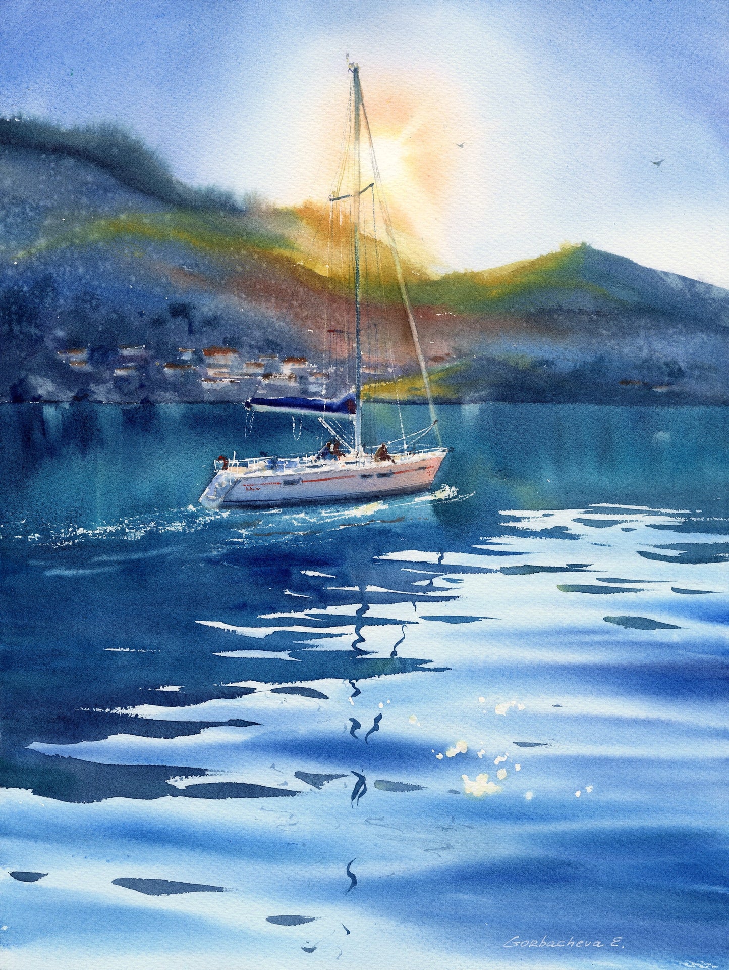 Yachting Painting Original Watercolor, Seascape Artwork - Yacht in the sun - 12x16 inch