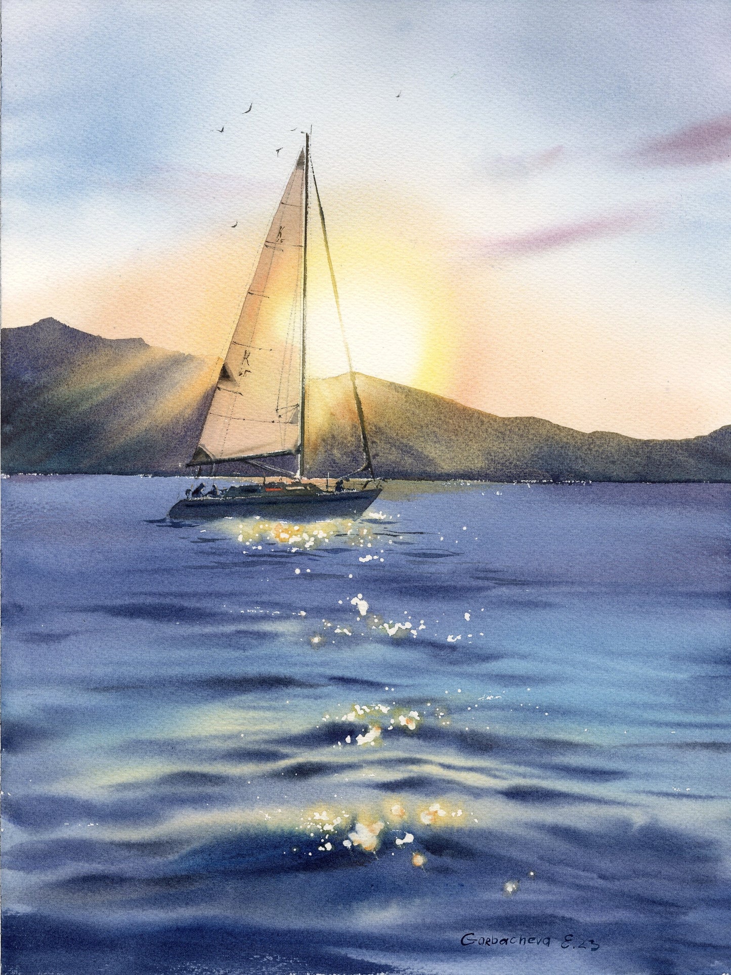 Sailing Painting Original Watercolour, Seascape Artwork - Yacht in the sun #2 - 12x16 inch