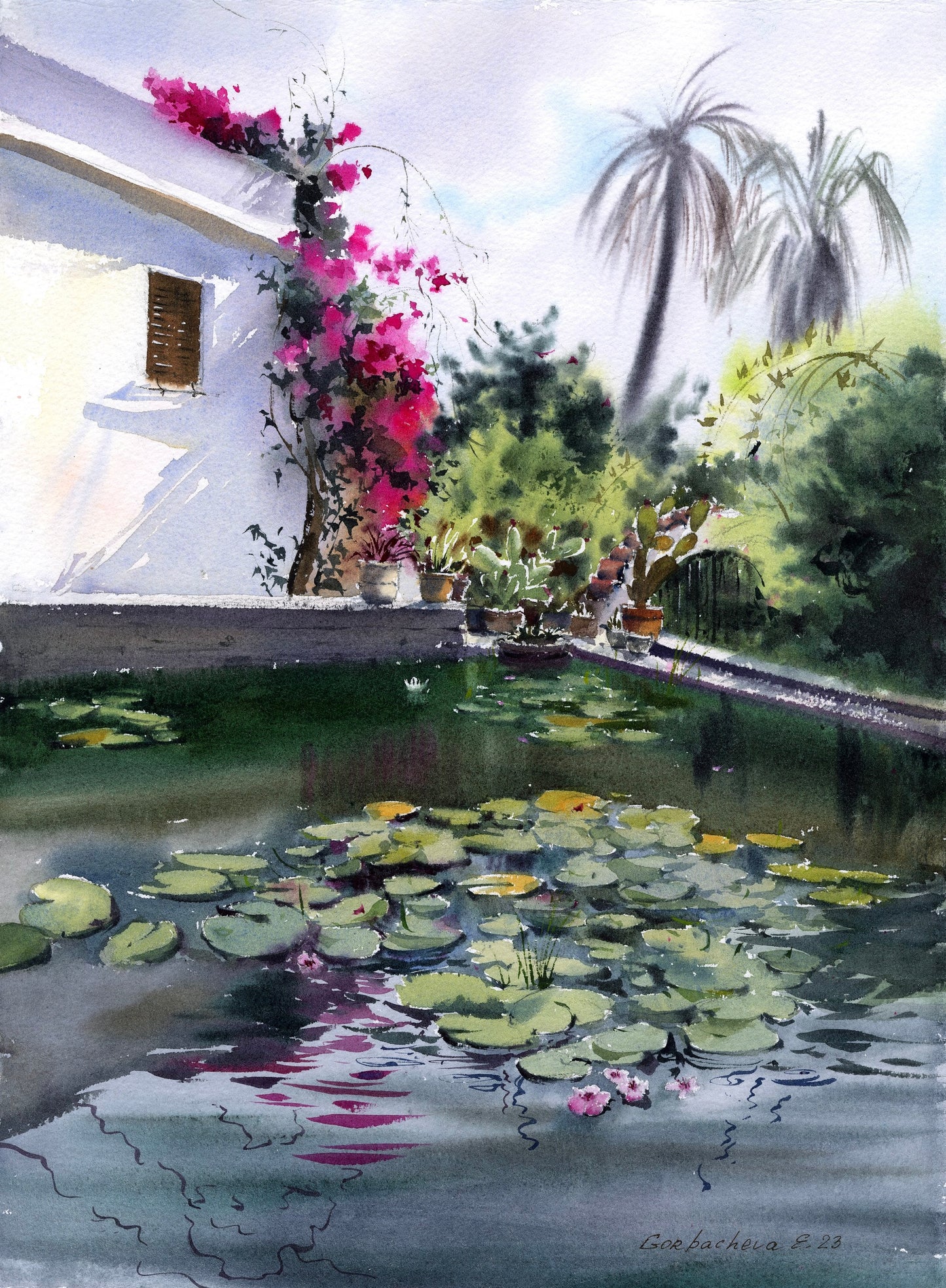 Cyprus House Painting, Original Watercolor Art, Greek Coastal City, Greece, Village Artwork, Pond with Lilies, Karmi
