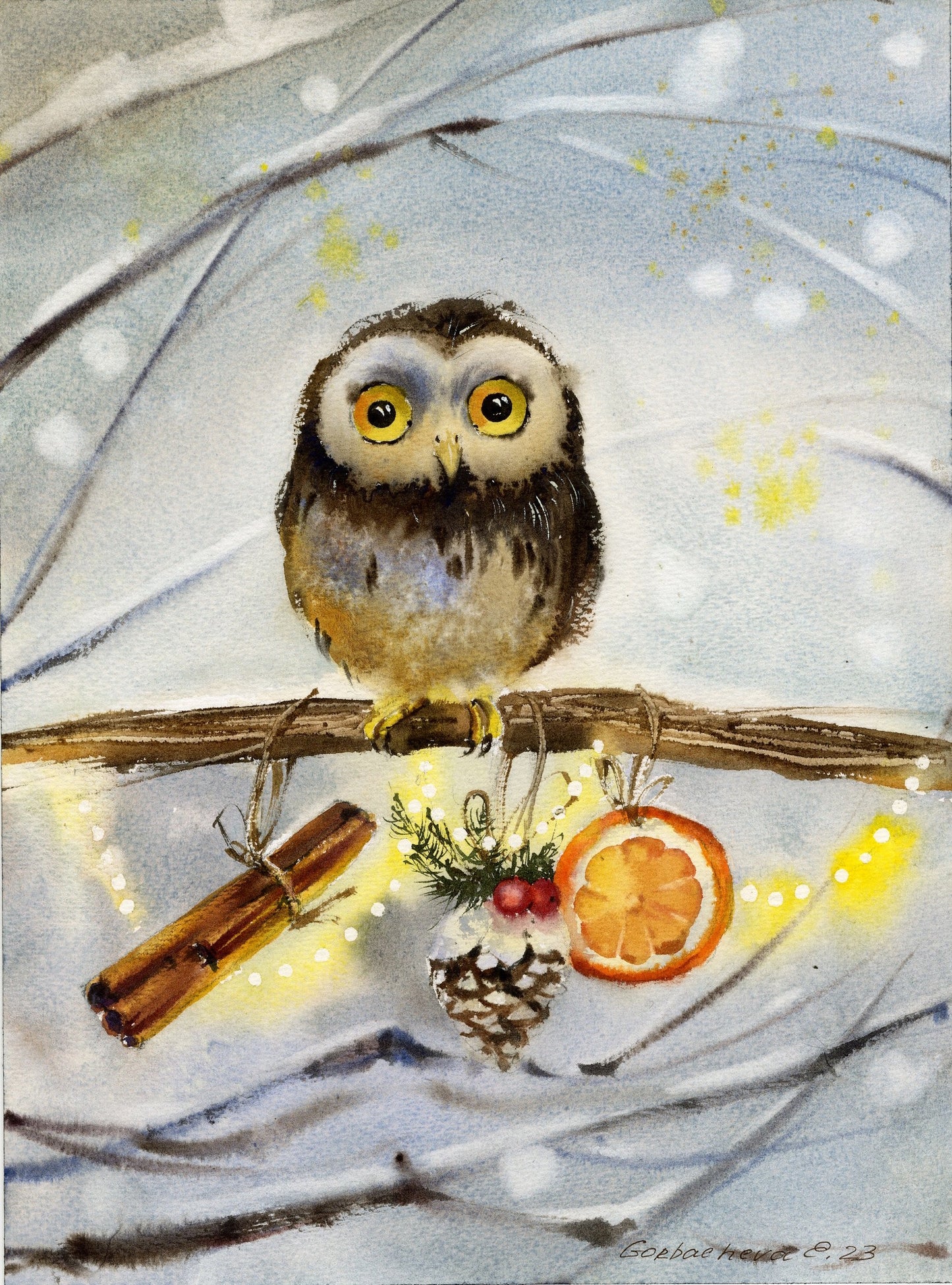 Christmas Owl Painting Original, Small Watercolor Artwork , New Year Gift, Bird Wall Art Decor, Christmas Gift