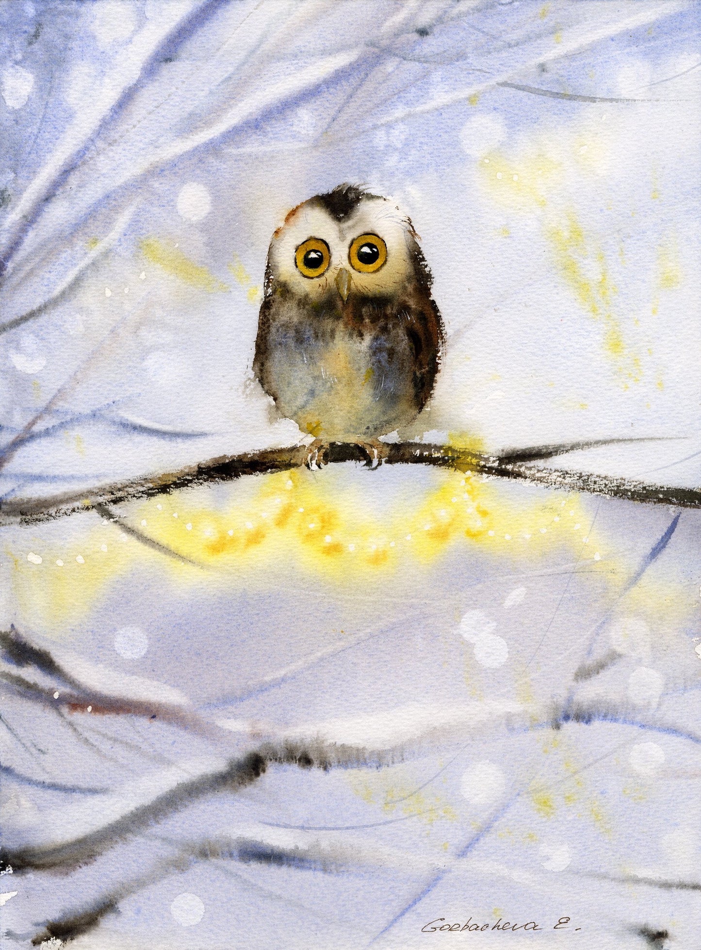 Watercolor Owl Painting Original - Little owl on a branch #16