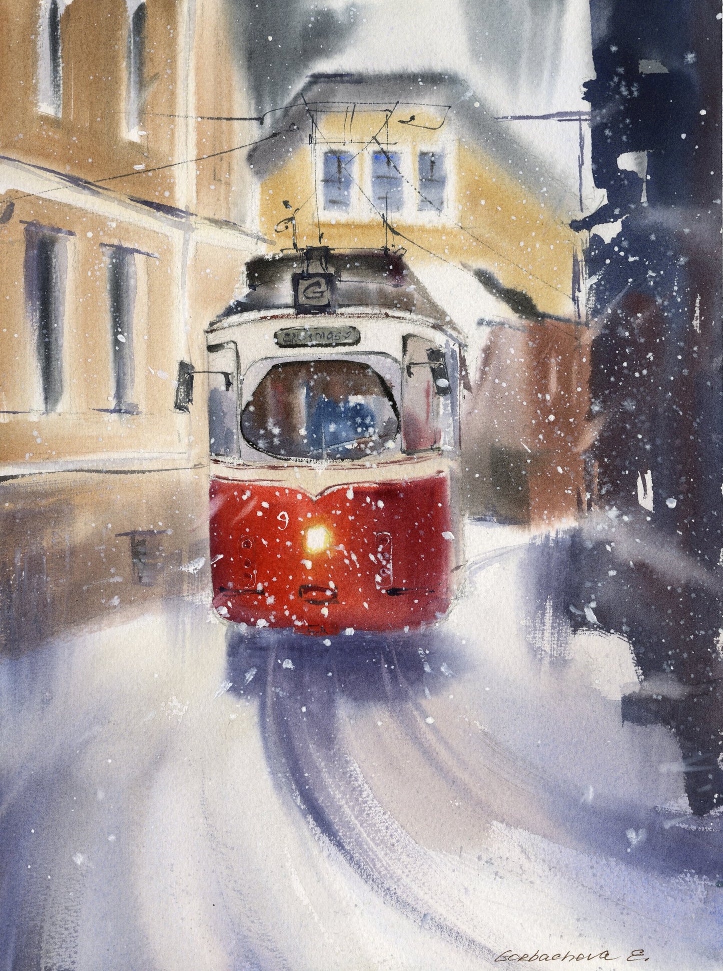 Tram Painting, Small Watercolor Original, Winter Cityscape, Snowy Prague City, Happy New Year Gift