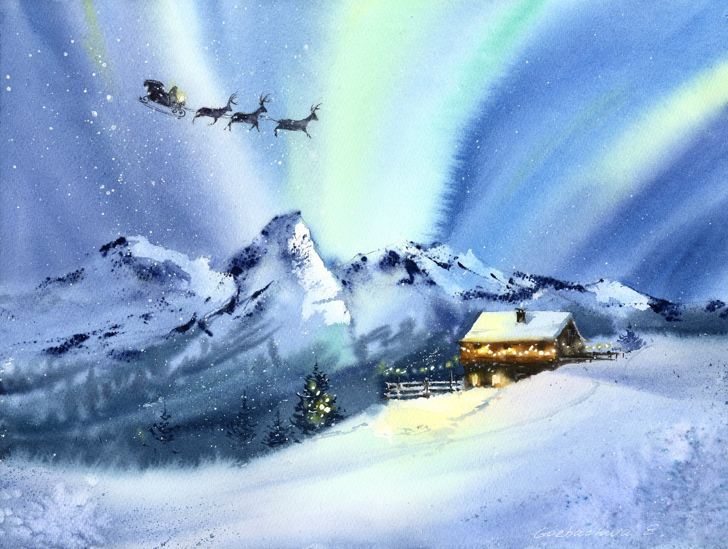 Santa's Sleigh Painting Original Watercolor, Winter Landscape, Northern lights, Starry Night Sky, Aurora Borealis Wall Art, Christmas Gift
