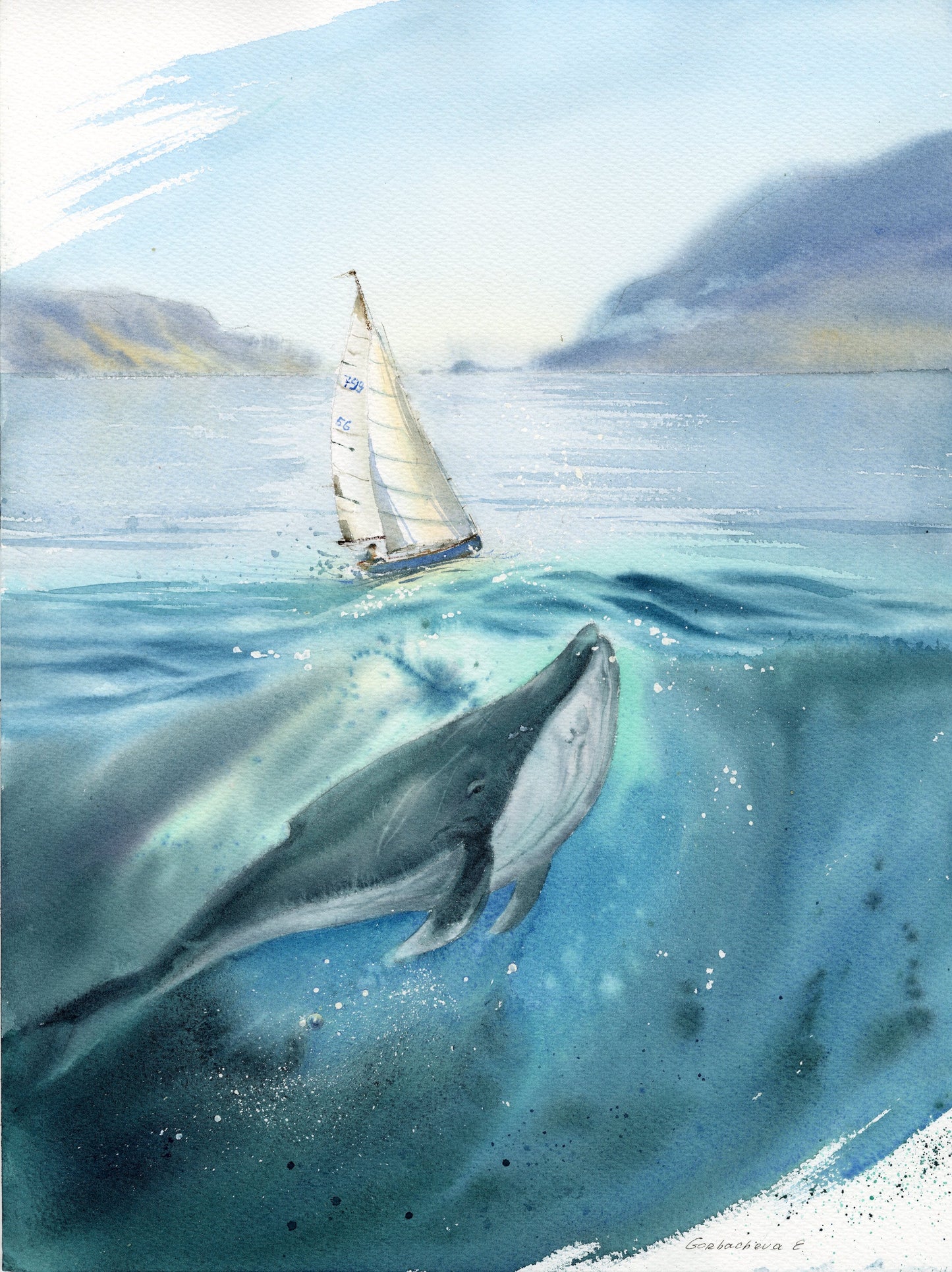 Whale & Sailboat in Watercolor - Original Painting - Beautiful Seascape with Yacht & Coastline