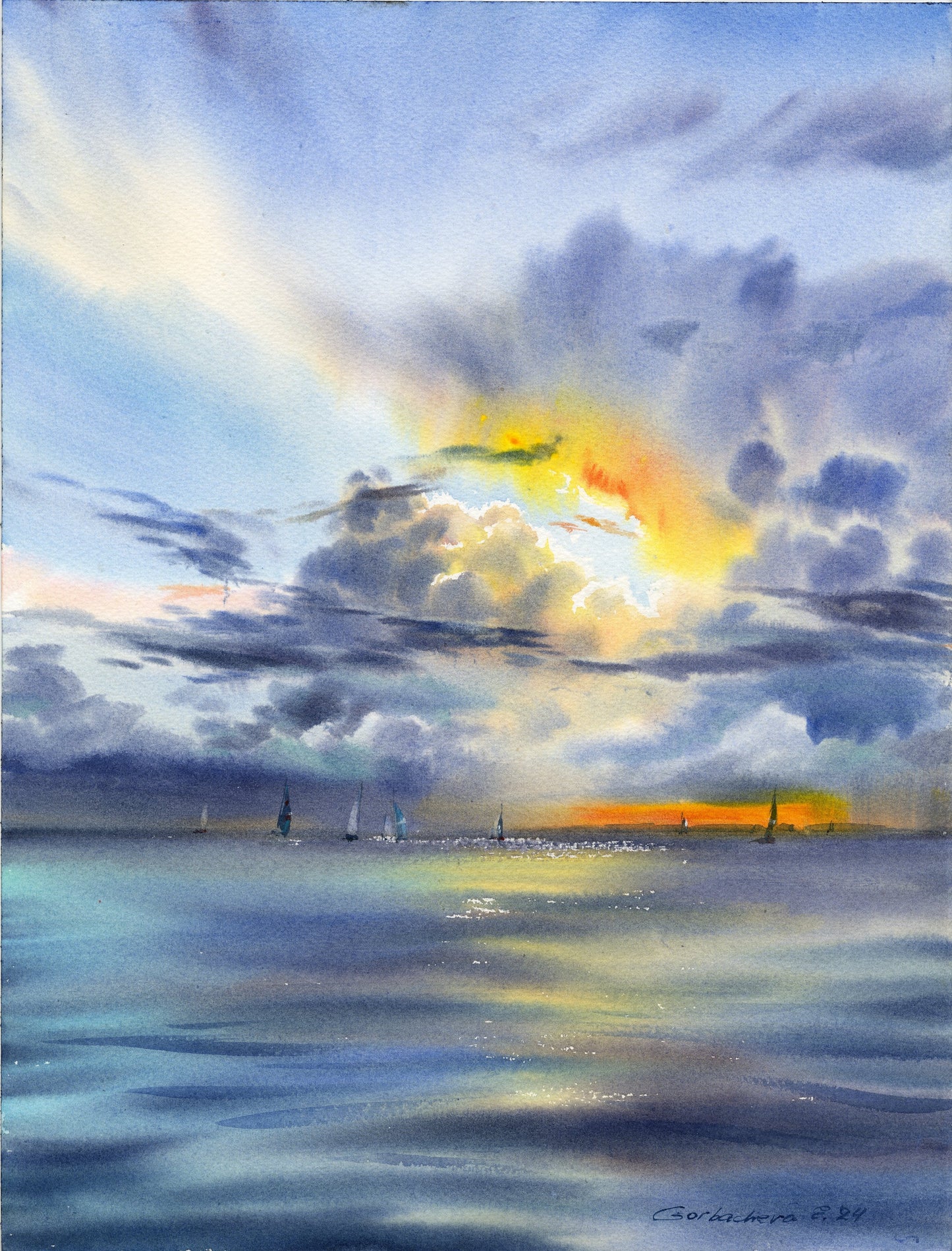 Serene Watercolor Sailboats Under Sunlit Clouds - Yachts at sunset #21