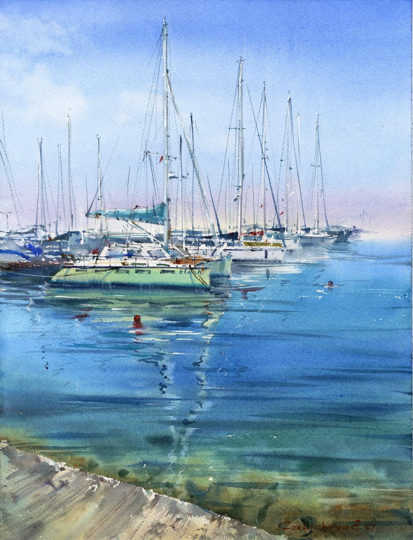 Yachts at Anchor #19 - Watercolor Painting - Blue Sea Marina Art