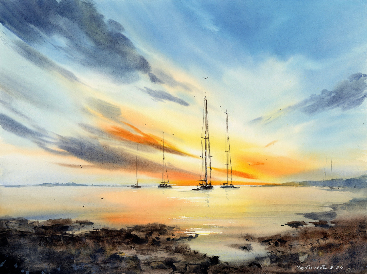 Watercolor Yachts at Sunset #20, Original Artwork, Coastal Painting 12x16