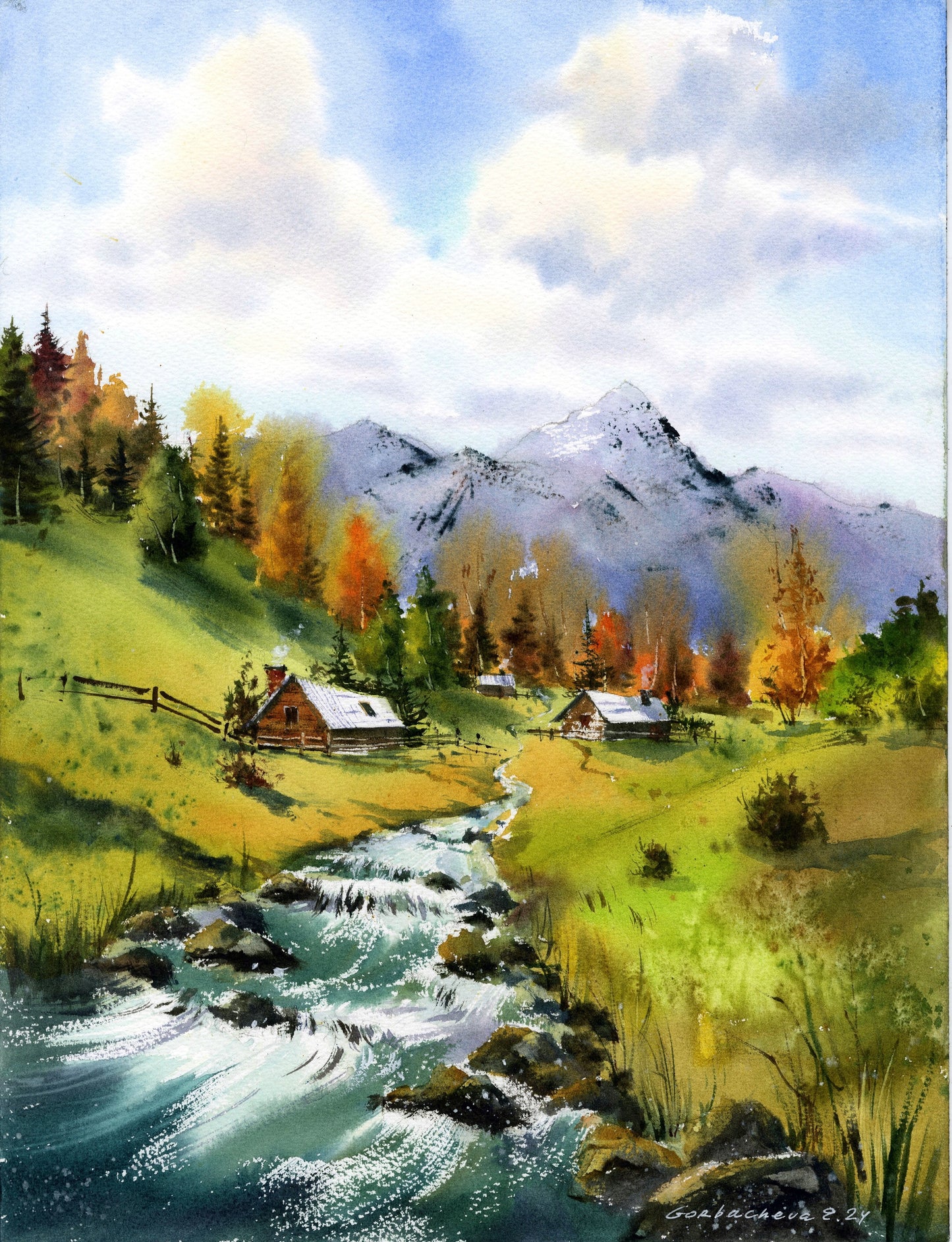 Serene Autumn Lake House Watercolor Painting, Fall Landscape Decor - Mountain River #43