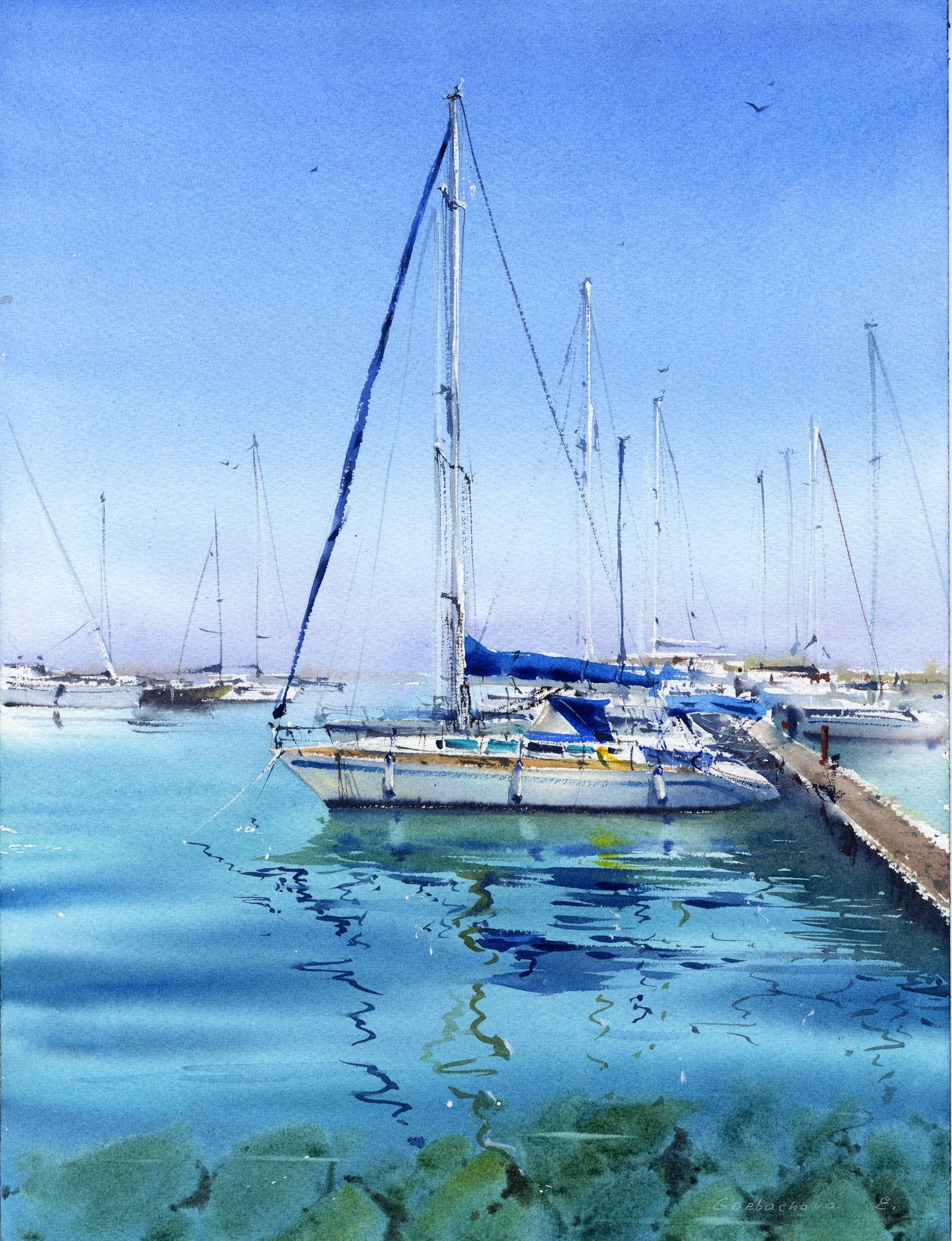 Nautical Watercolor Art: Yachts at Anchor #16 - Painting Watercolor Original