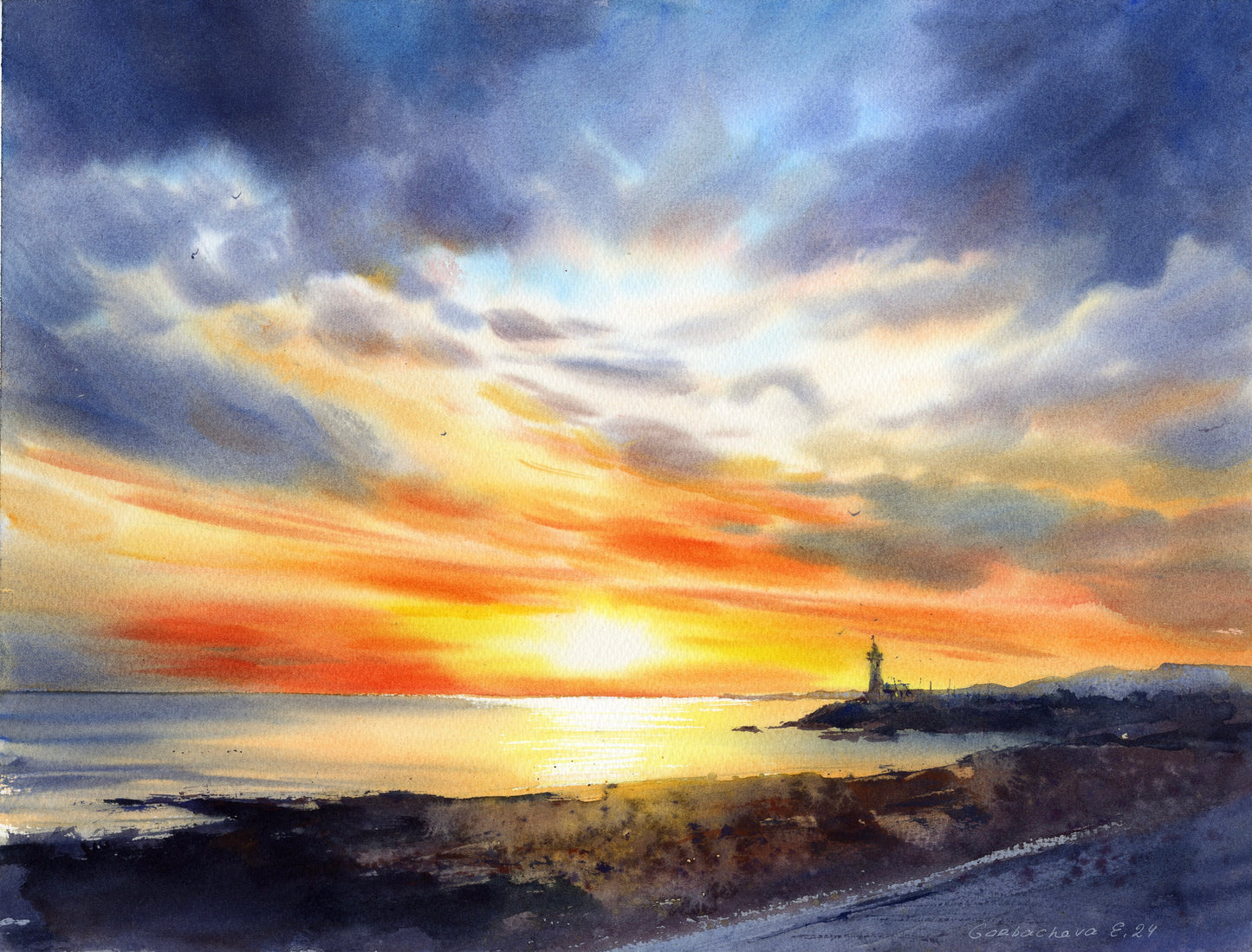 Lighthouse at sunset #4 - Original Painting Watercolour Sunset Artwork, Serene Coastal Scene for Relaxing Spaces