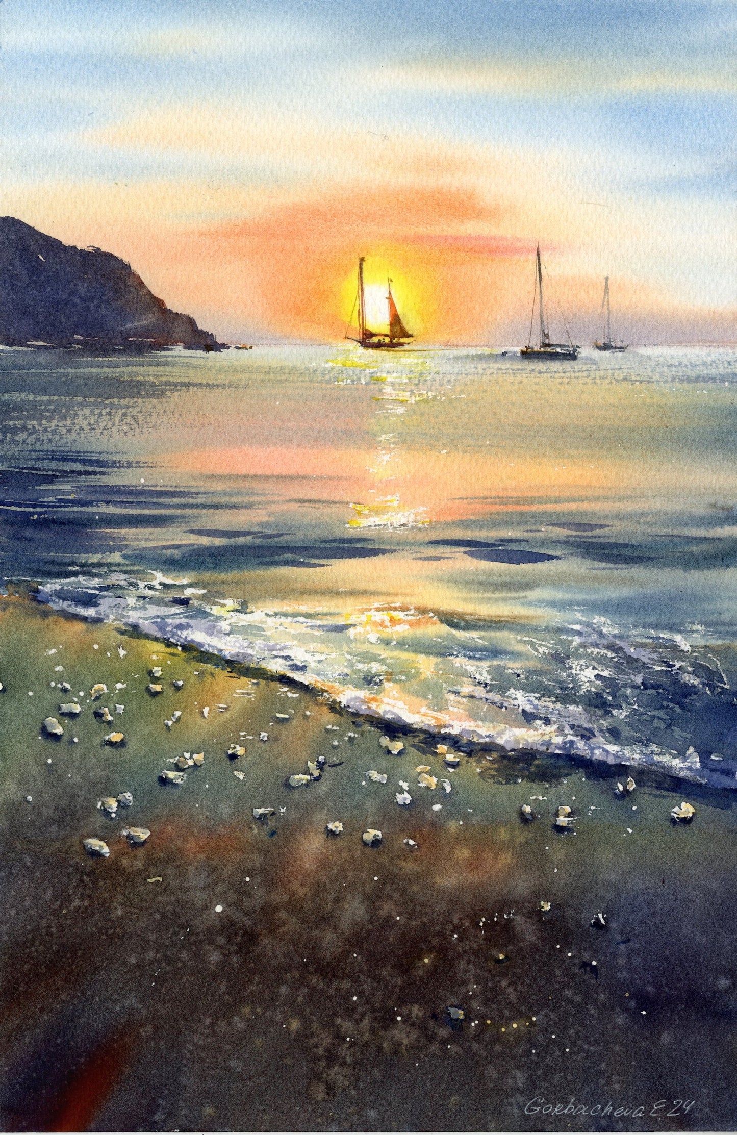 Sailboat Sunset Watercolor Original Painting - Coastal Seascape Wall Art - Sunset romance #3