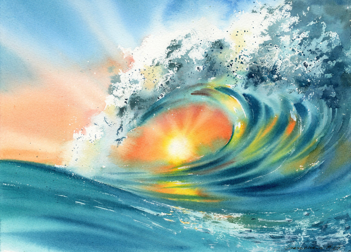 Original Watercolor Art: 'Solar Whirlpool #2' Sun Wave