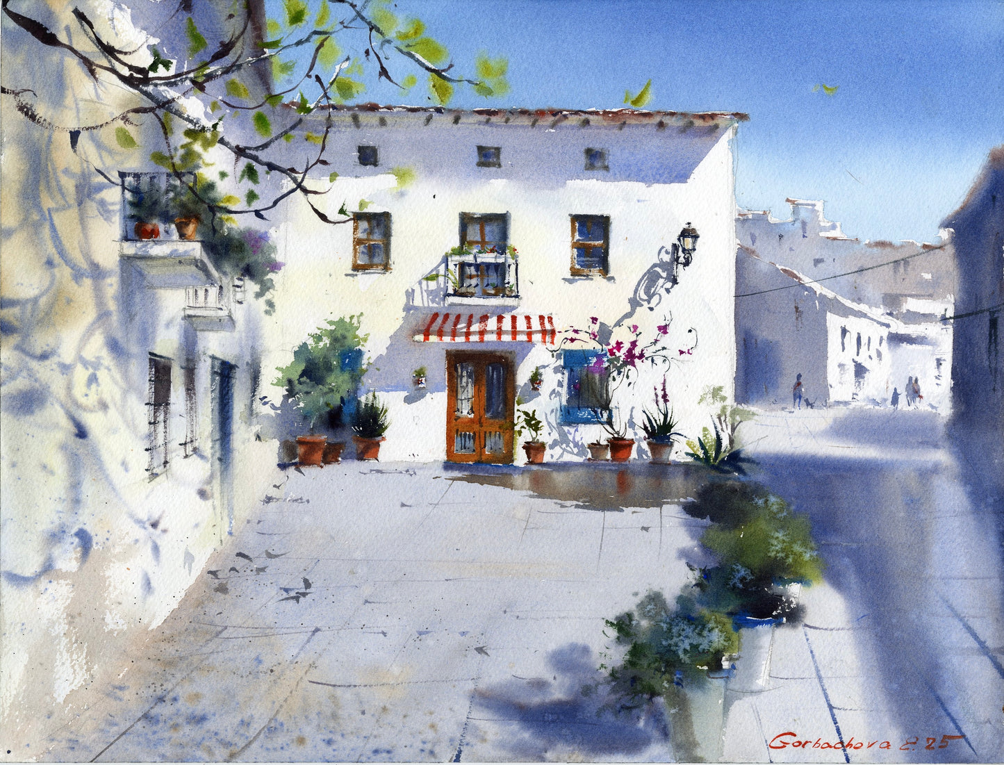 Spanish White Town Watercolor Art | Mediterranean Street Scene Painting | Sunny Spain Travel  | Spanish Afternoon 12x16 in