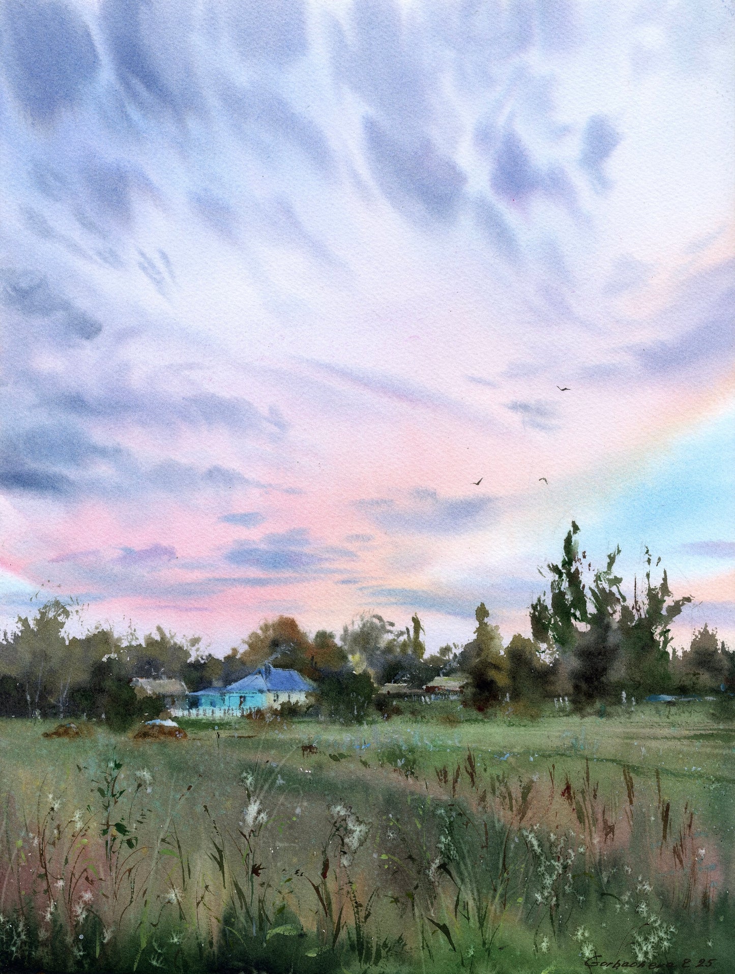 Original Field Sunset Watercolor Painting | Pink Sky Rural Landscape Art,  Under the Wide Sky 12x16