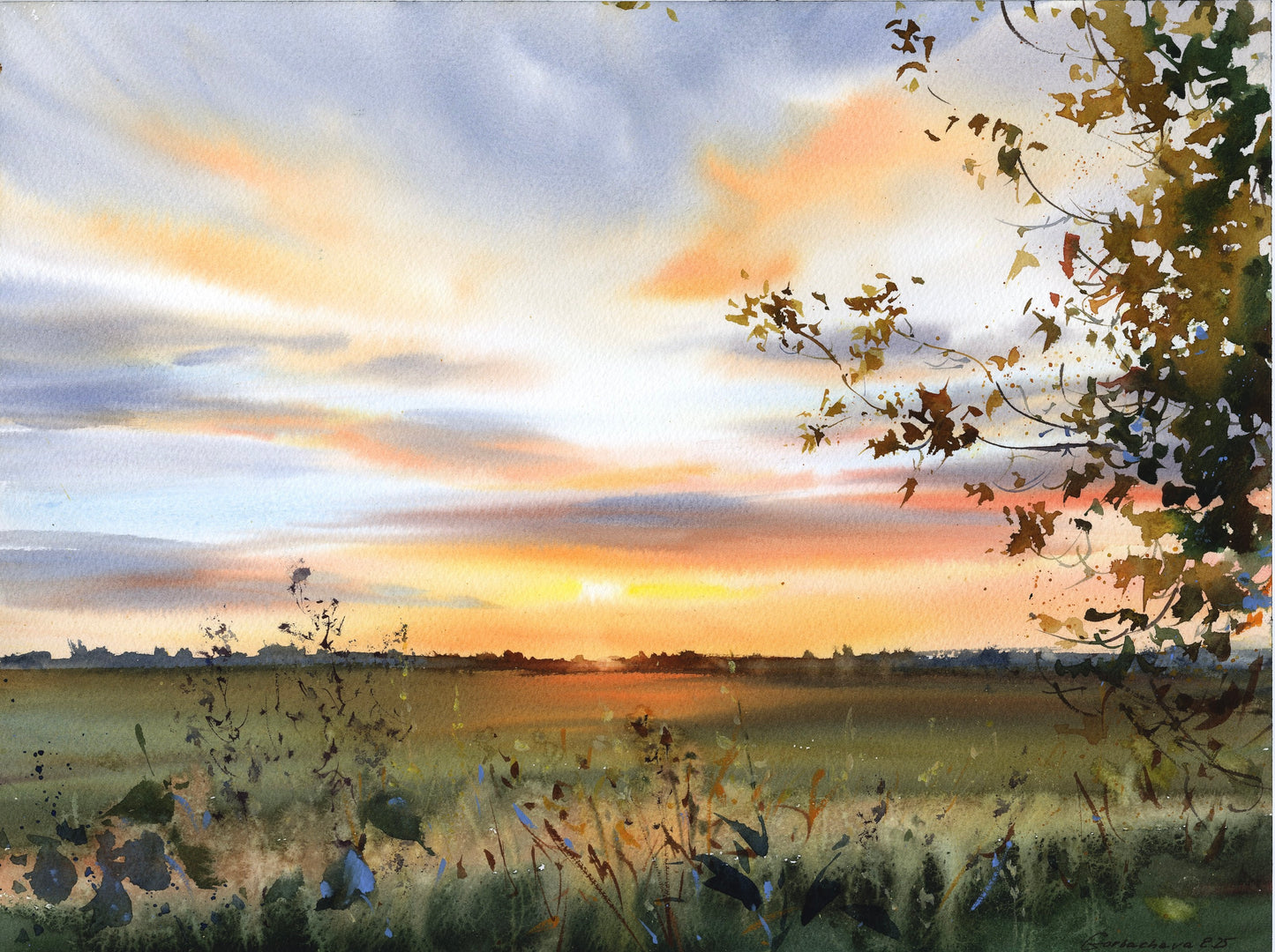 Original Sunset Watercolor Painting | Golden Hour Landscape Art |Golden Dusk 12x16 in