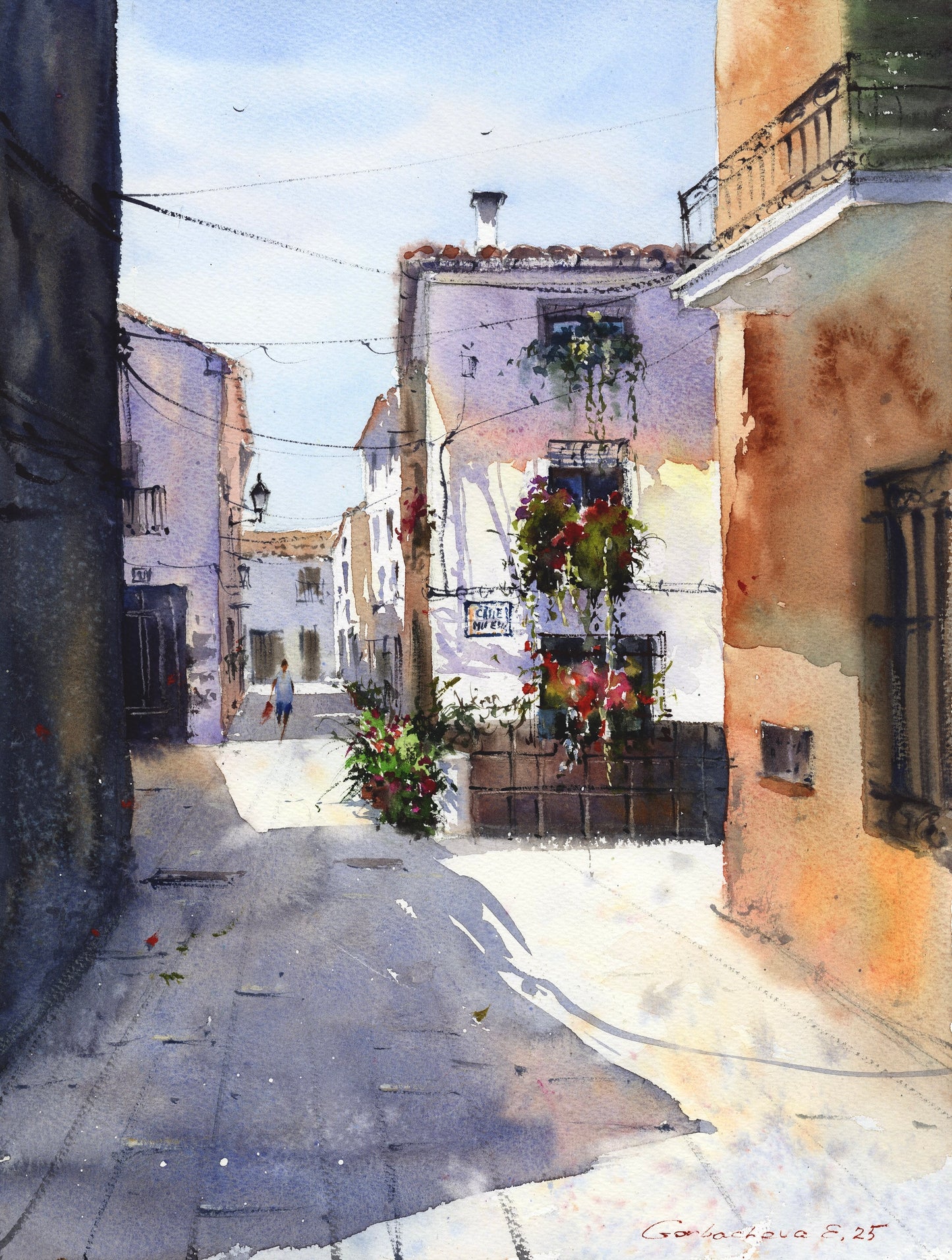 Authentic Spain Alley Watercolor Painting, Spanish Morning 12x16 in