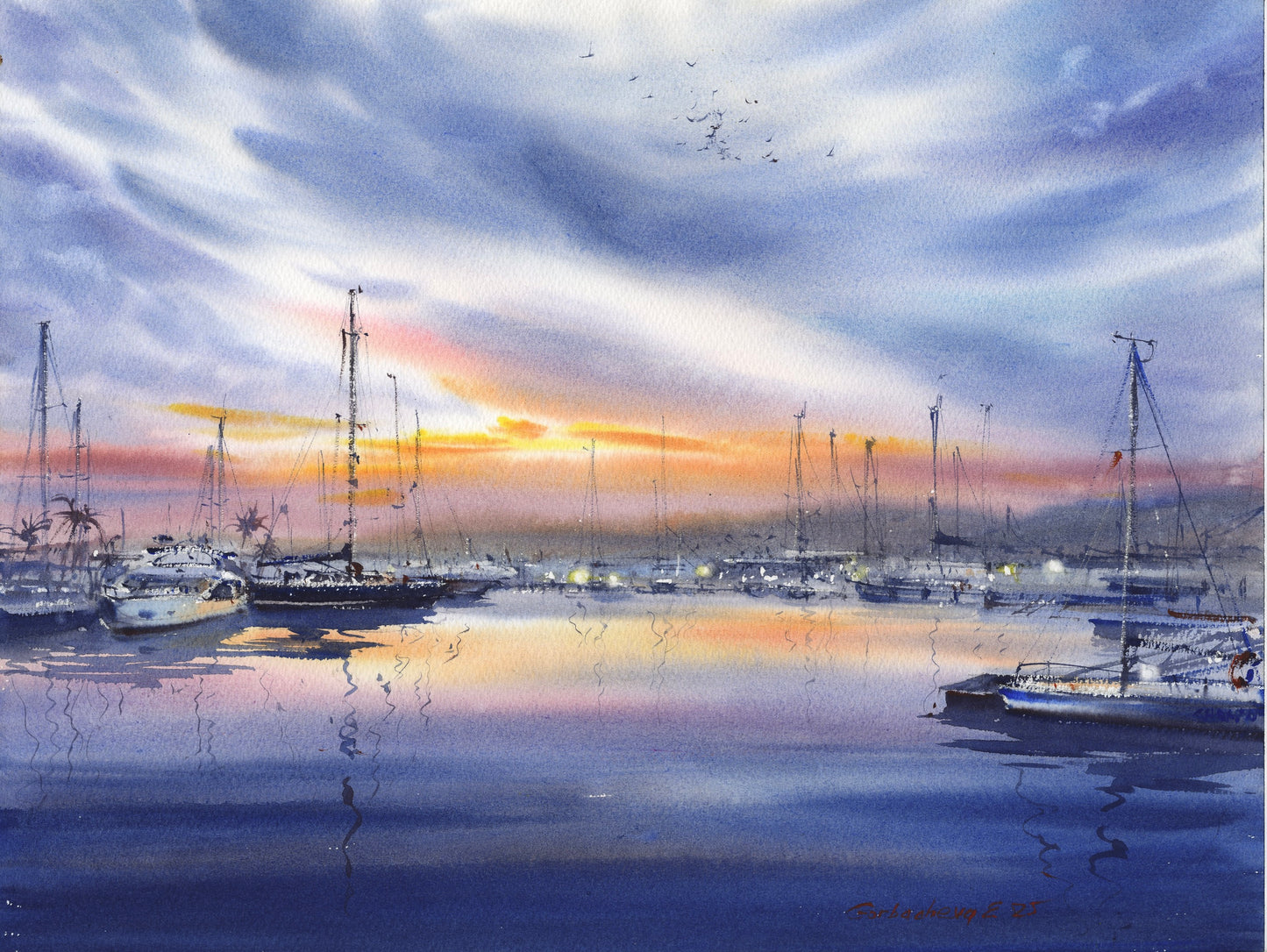 Original Valencia Marina Watercolor Painting | Spain Sunset Seascape Art |Evening harbor in Valencia 12x16 in
