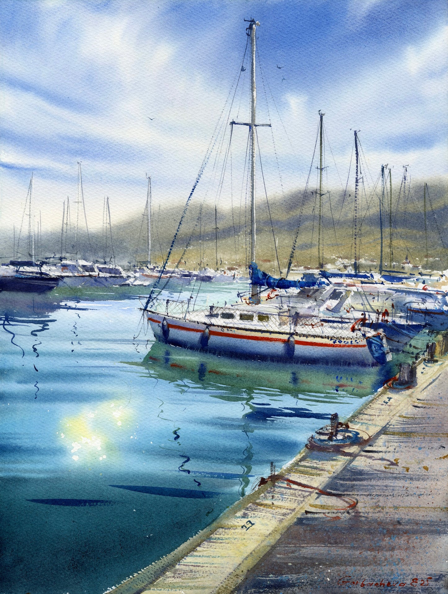 Original Watercolor Painting, Sailboat Marina Art, "Anchored in Silence" - 12 x 16 in