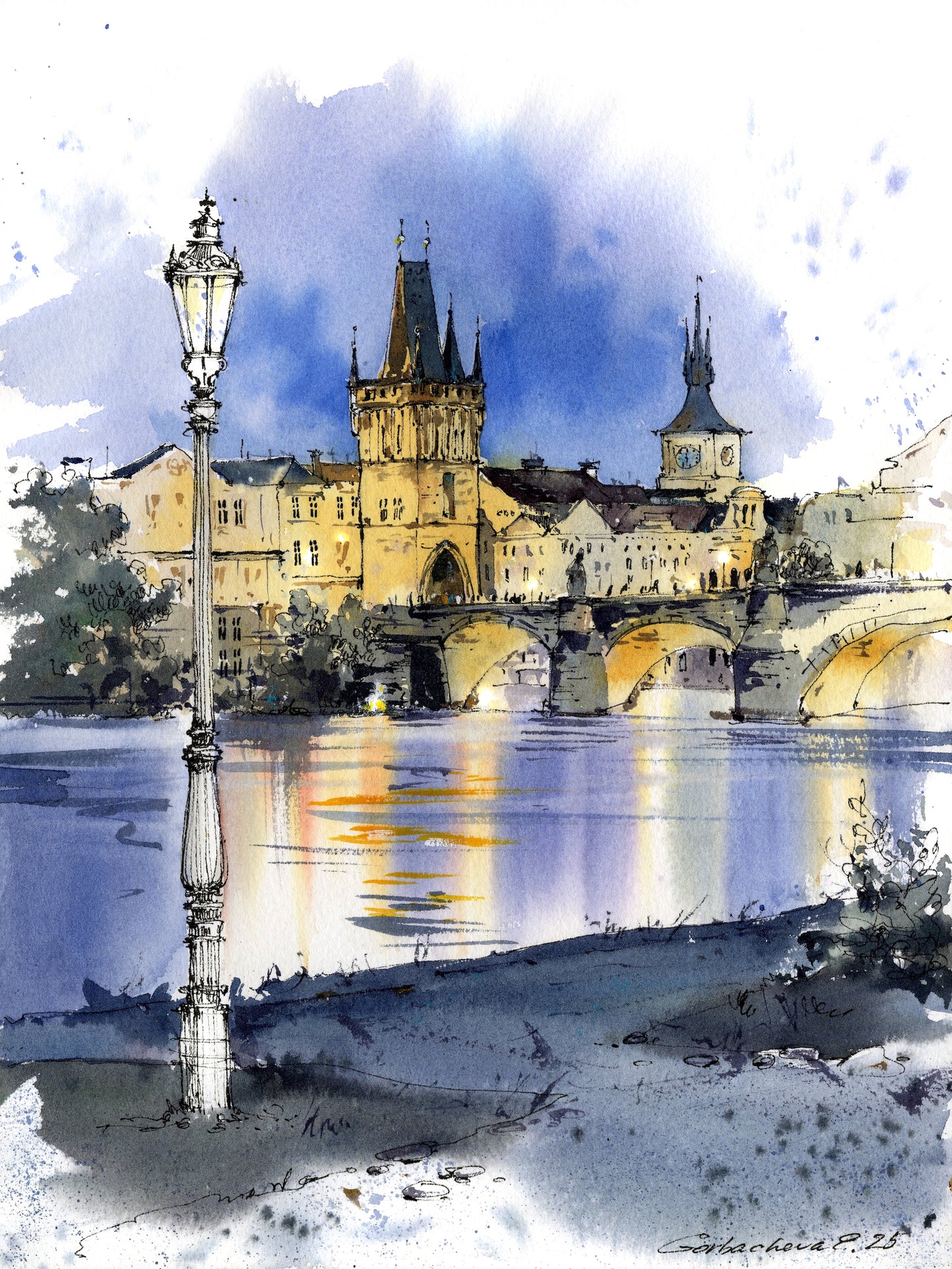 Charles Bridge Prague Watercolor Painting, Old Town Tower Art, Golden Prague Echo 9x12 in
