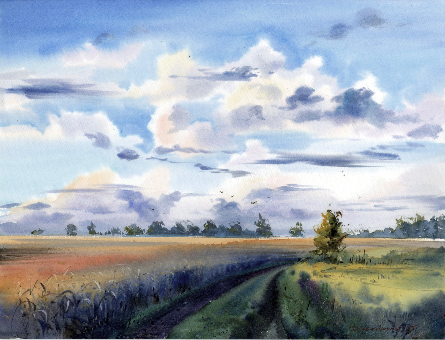Russian countryside watercolor landscape, Rural field road, Sky clouds painting, Silent Field Road 12x16