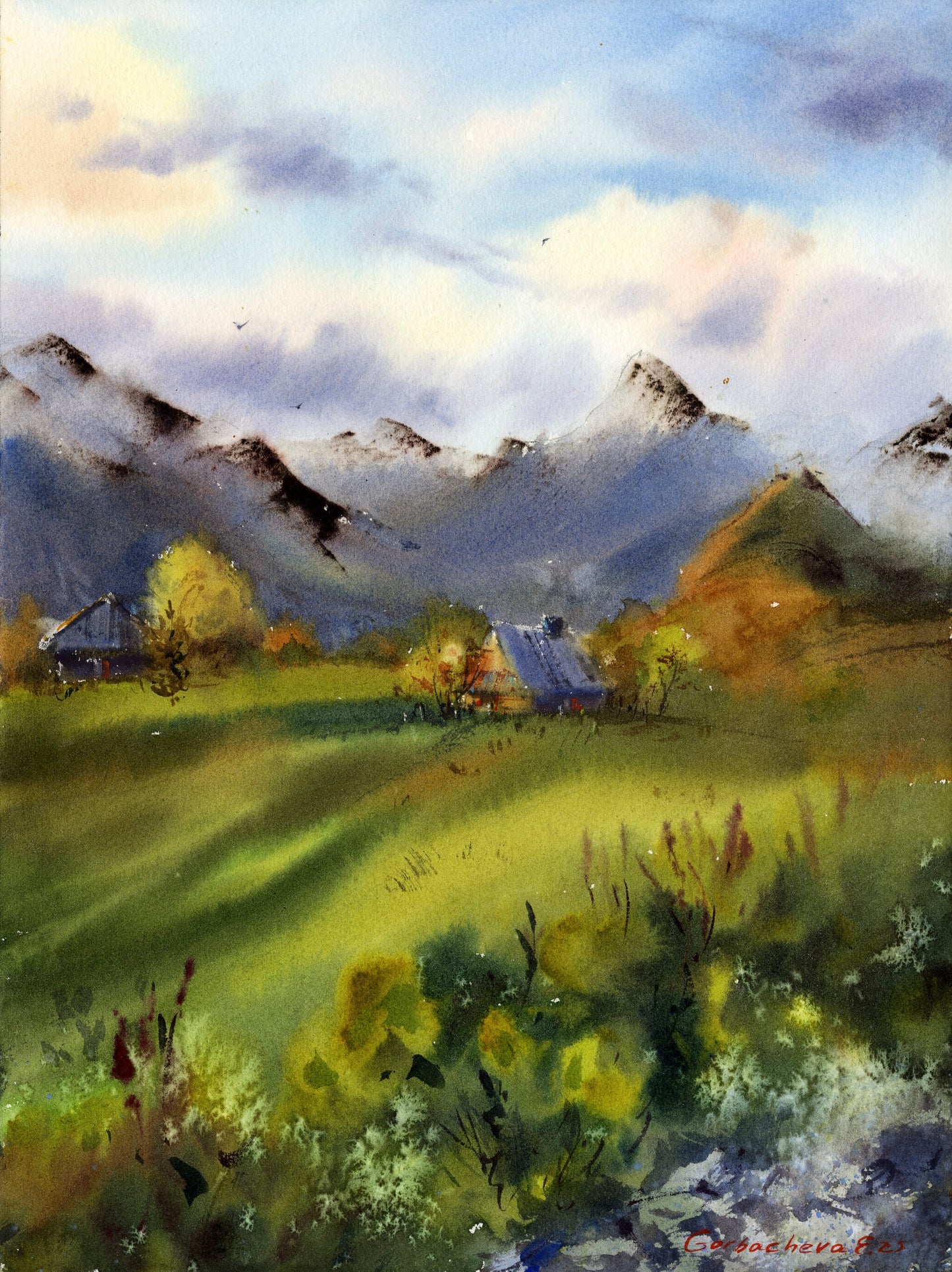 Mountain Valley Watercolor Art, Original Landscape Painting, Tatras in Light 9x12 in