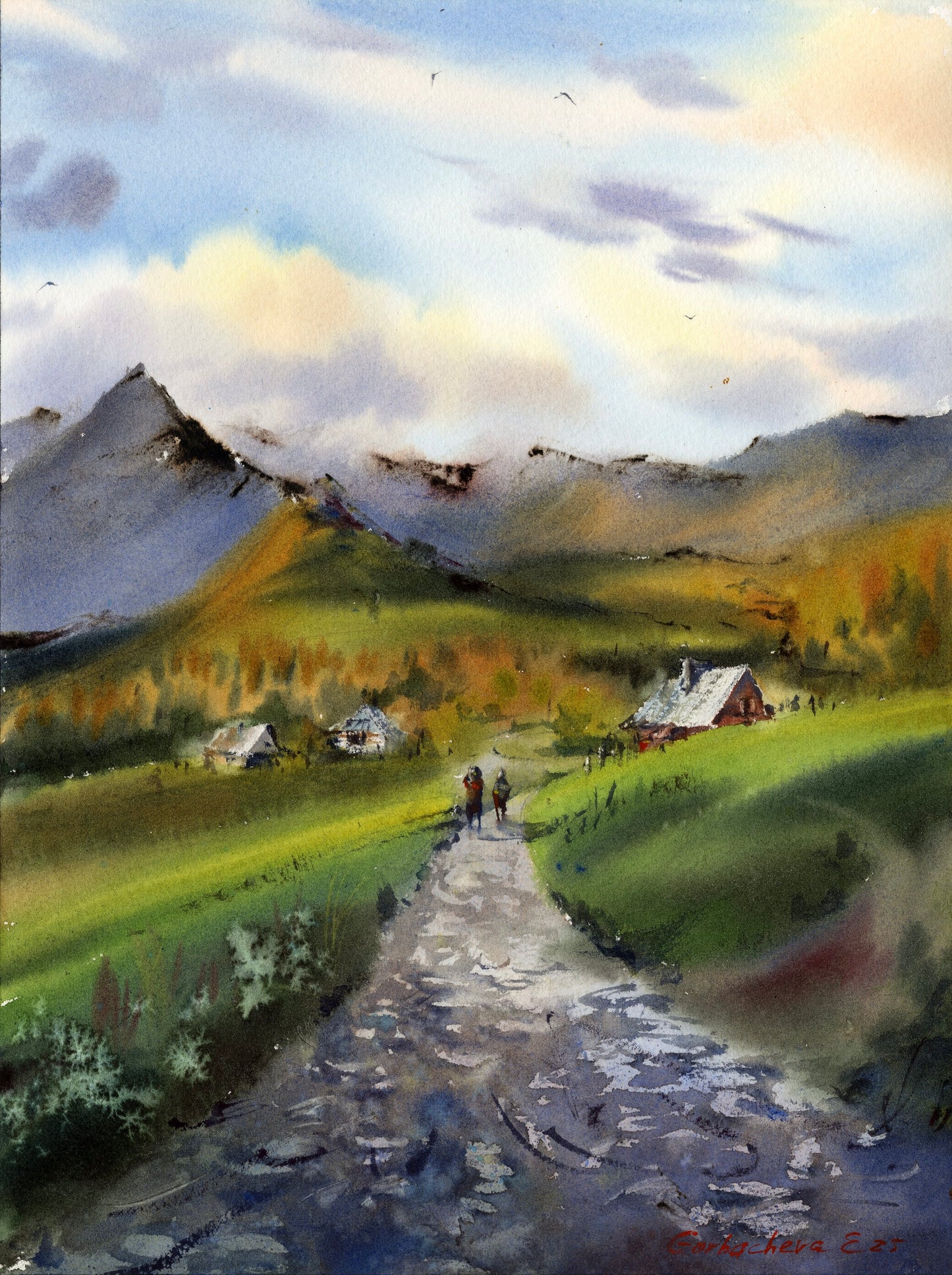 Morning over the Tatras Original Watercolor, Mountain Road Landscape Art, Morning over the Tatras 9x12 in
