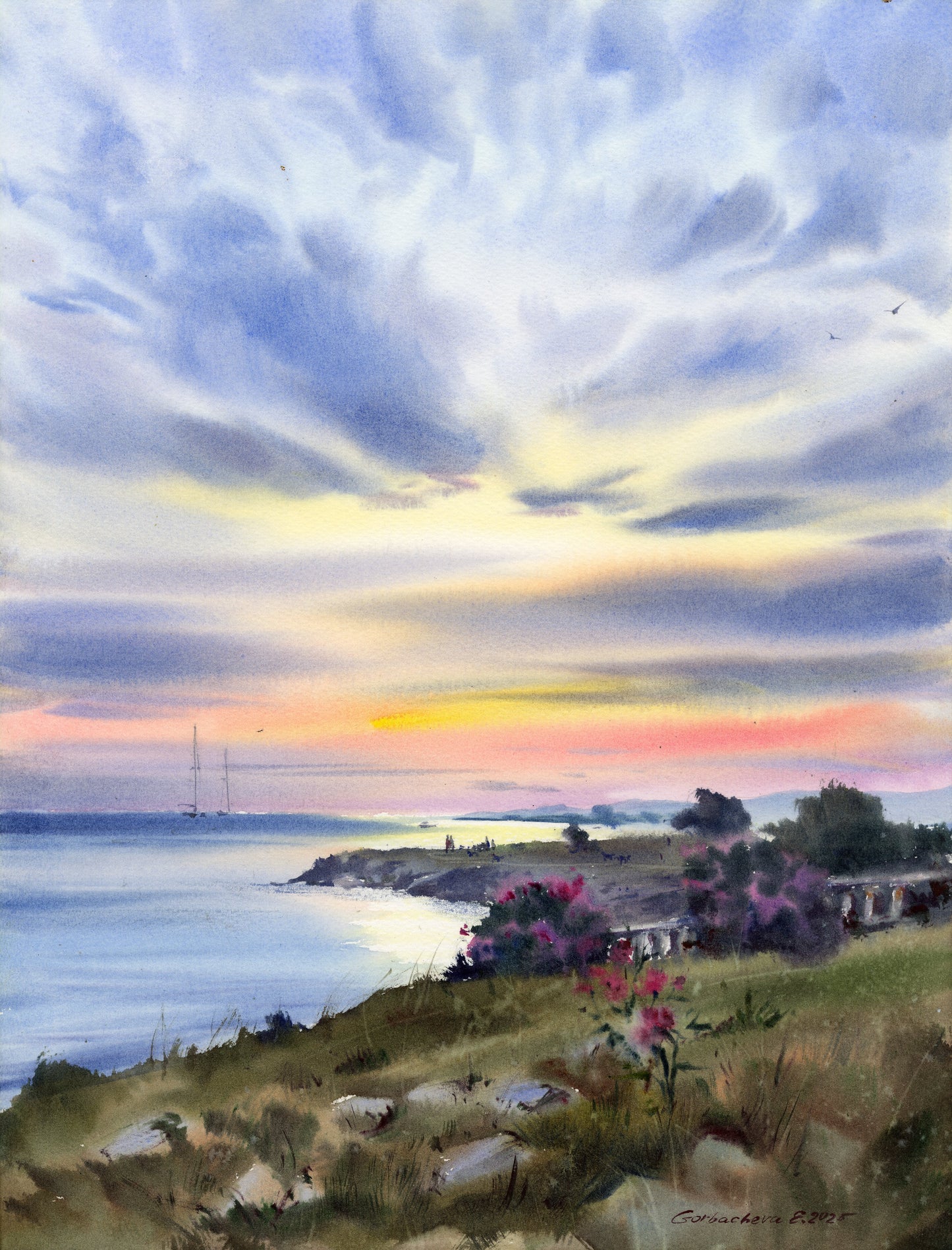 Cyprus Sunset Seascape Watercolor Painting, Coastal Landscape Art, Evening Breath of Cyprus 12x16