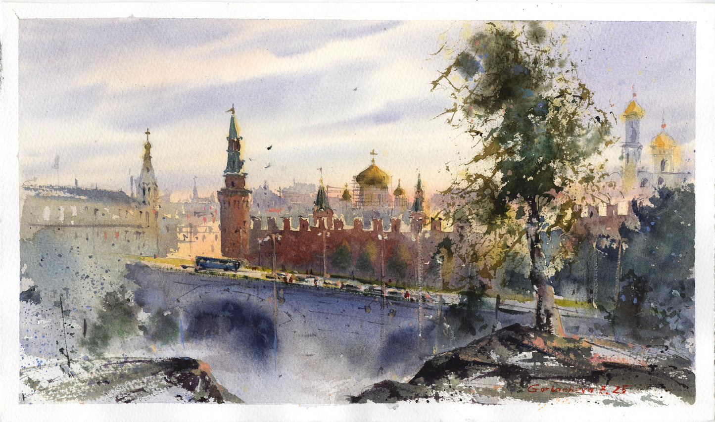 Moscow Red Square, Watercolor Painting Kremlin, Moscow Morning Light 9x15 in