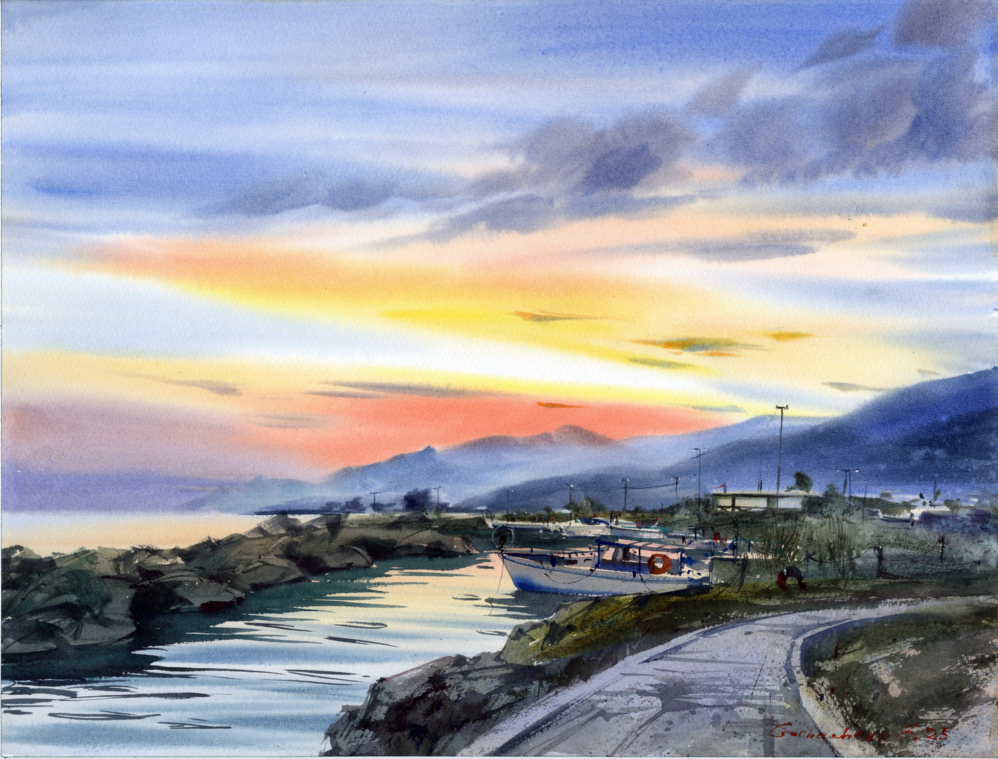 Seascape Watercolor Painting, Golden Hour in Cyprus #2 12x16