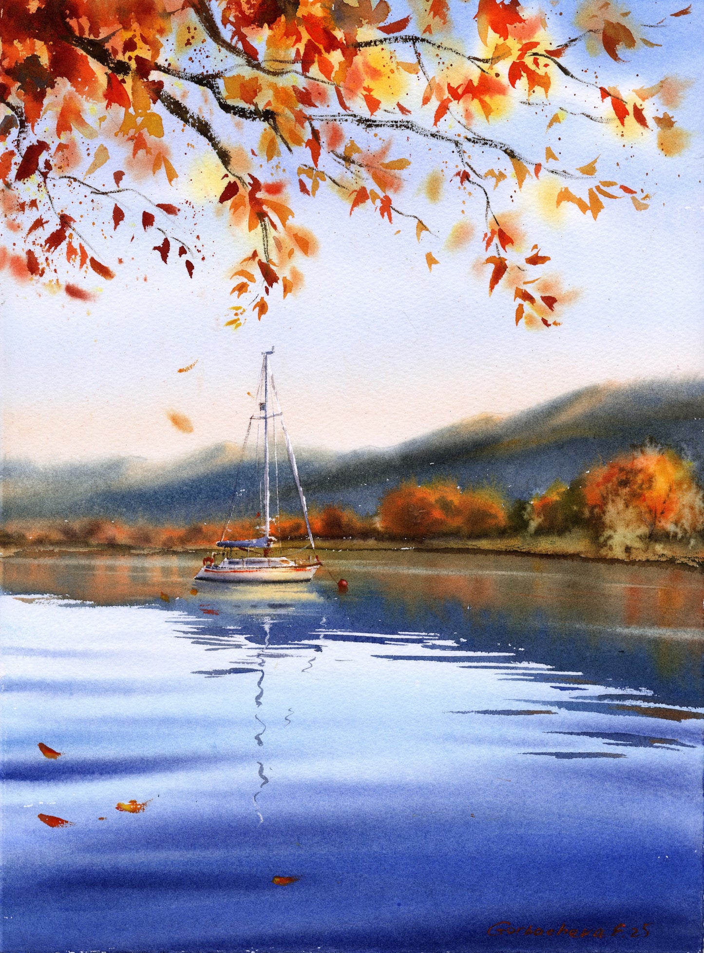 Original Sailboat Watercolor Painting, Autumn harbor- 11 x 15 in
