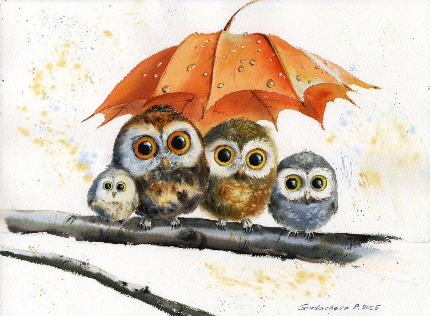 Original Owl Watercolor Painting | Cute Owls Under Autumn Leaf |Owl Umbrella Haven 11x15 in