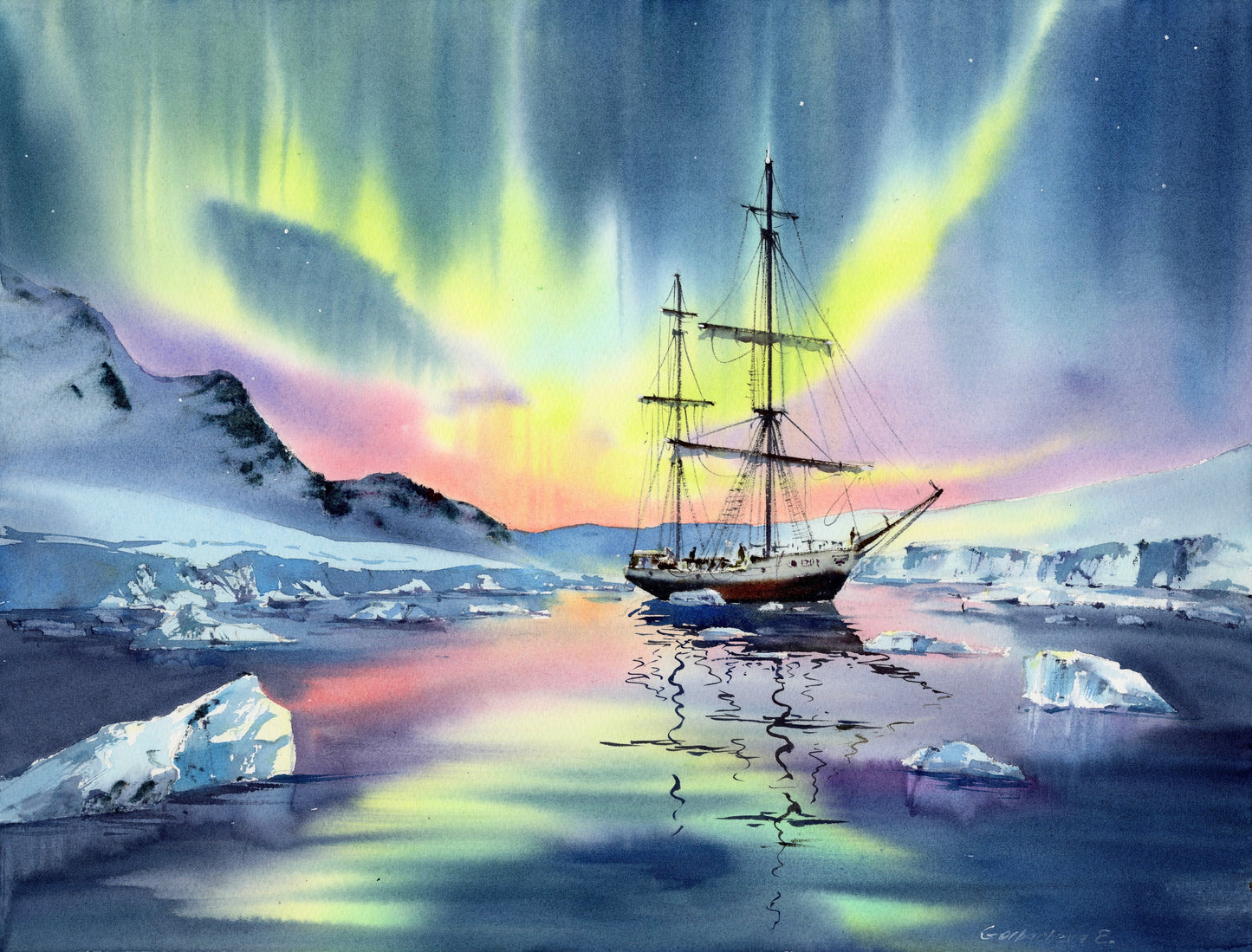 Original Northern Lights Art, Polar Watercolor, Arctic Serenity 12x16 in