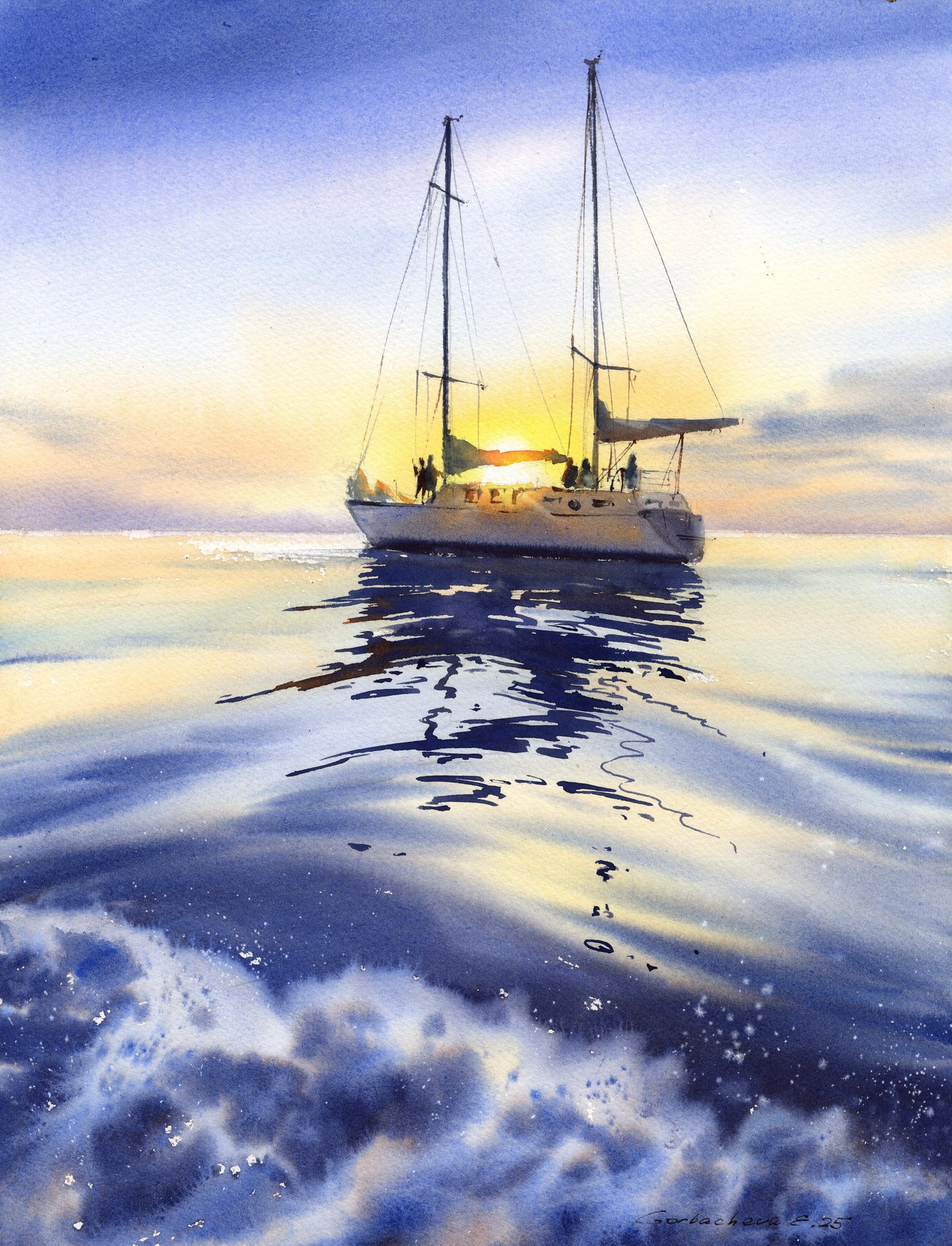 Watercolor Painting Original Seascape "Where the Yacht Meets the Sky #2" 12x16 in Blue Yellow Art Gift (Copy)