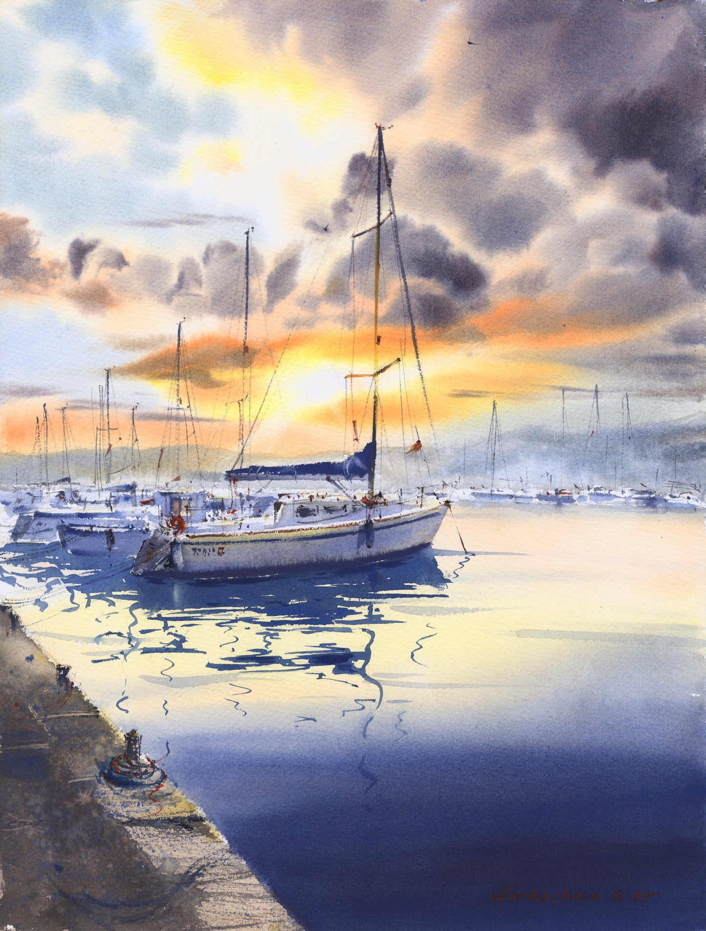 Sunset Sailing Watercolor, Yacht Harbor Painting, Harbor in Amber 12x16