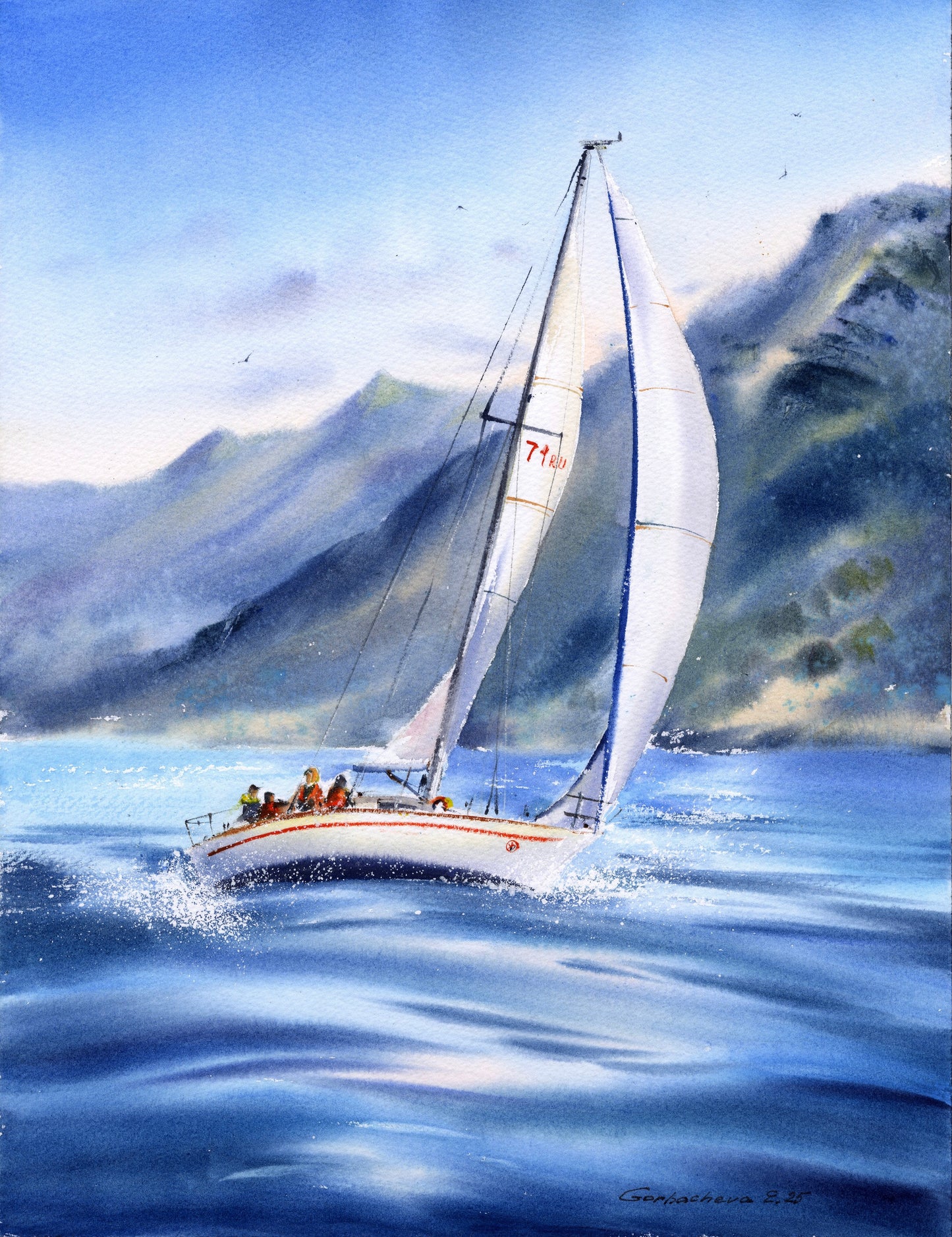 Sailing Boat Watercolor Painting, Ocean Landscape Art, Yacht on the waves #4 12x16