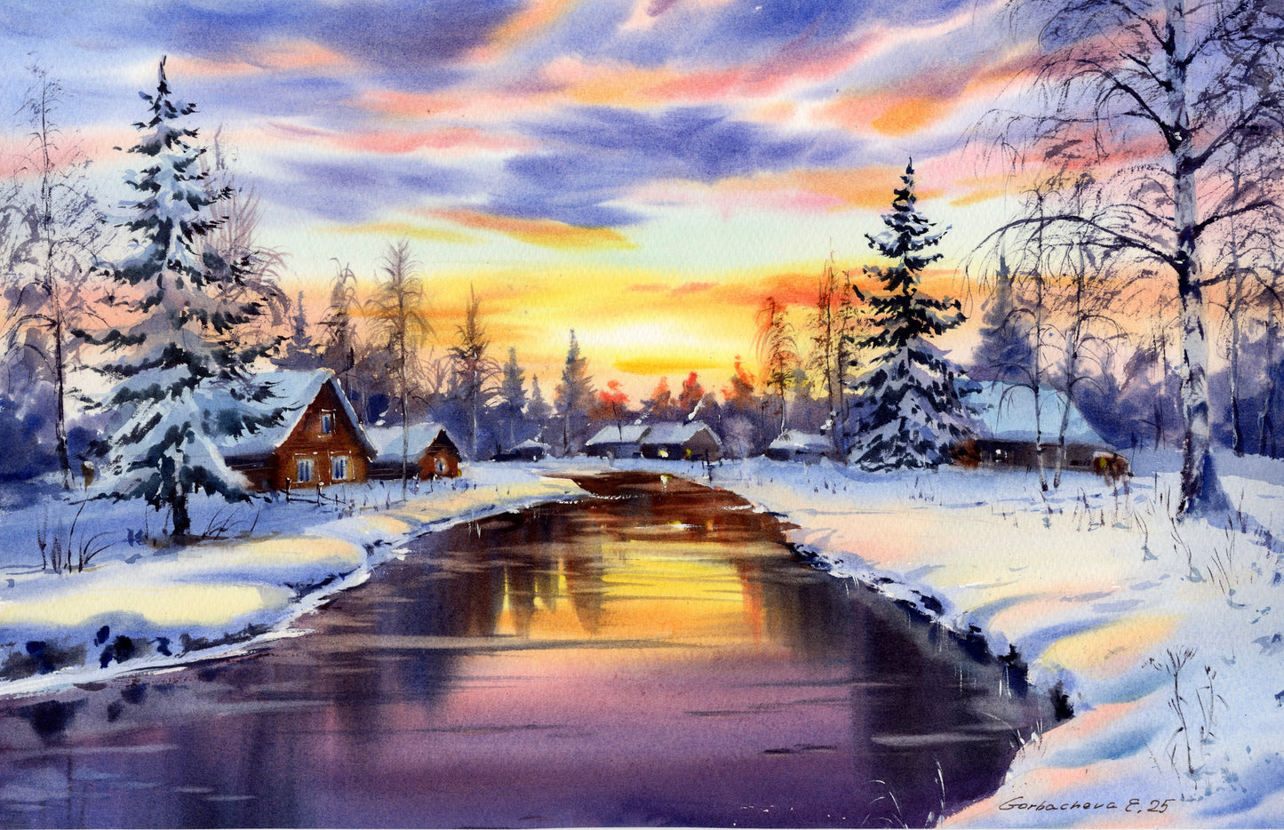 Watercolor Winter Landscape Original Painting | Snowy Sunset River Art 16x10 | Whispers of Winter Sunset