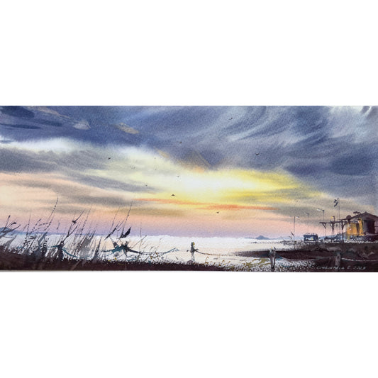 Seaside Morning Watercolor Painting - Coastal Home Decor, Fishing Pier Art