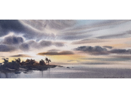 Colorful Coastal Painting, Original Watercolor, Abstract Ocean Artwork, Modern Beach Art, Tropical Sunset, Palm Trees