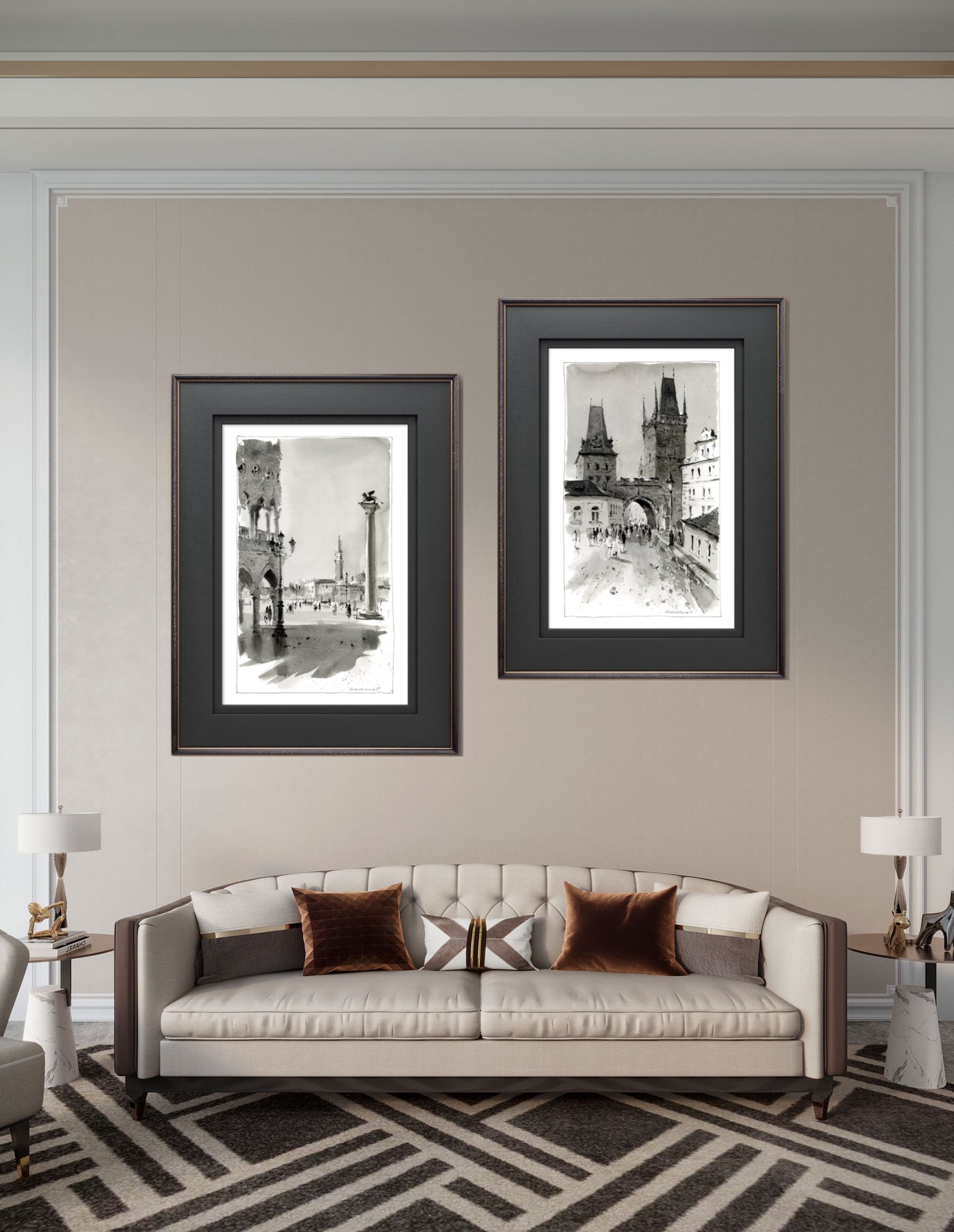 Chic Set of 2 Black & White Watercolor Prints - Piazza San Marco & Prague