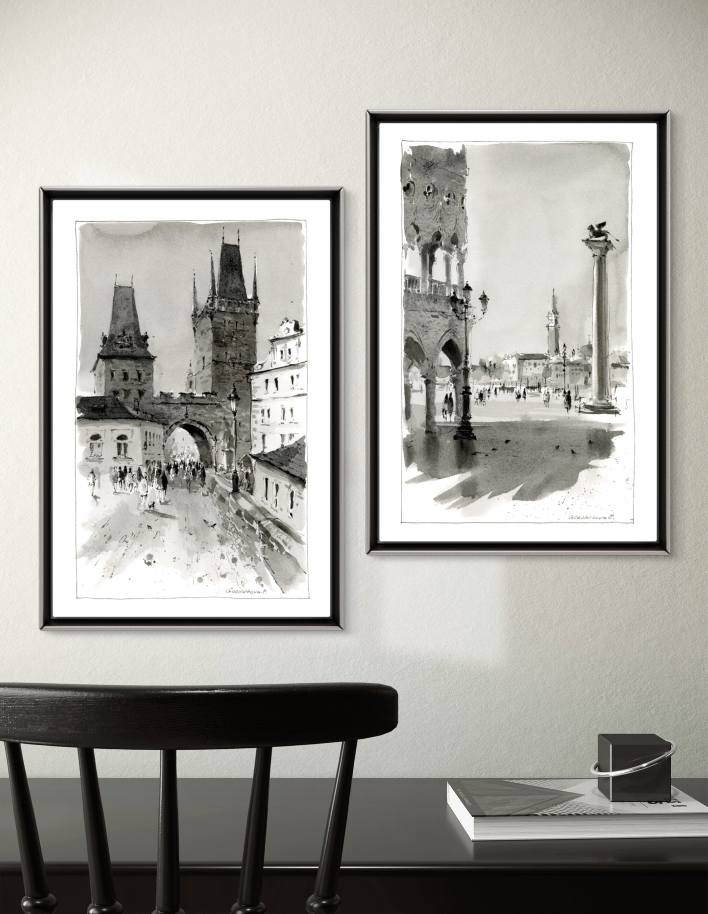 Chic Set of 2 Black & White Watercolor Prints - Piazza San Marco & Prague