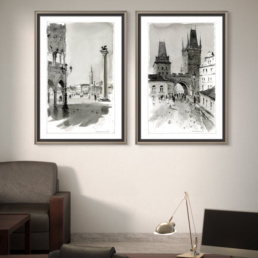 Chic Set of 2 Black & White Watercolor Prints - Piazza San Marco & Prague