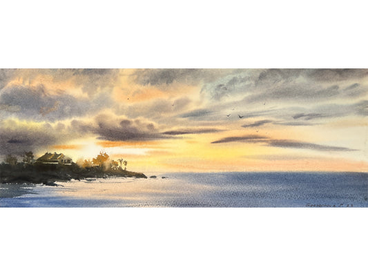 Original Watercolor Caribbean Painting, Beach Sunset, Original Art, Palm Trees, Ocean Breeze, Tropical Artwork, Seascape