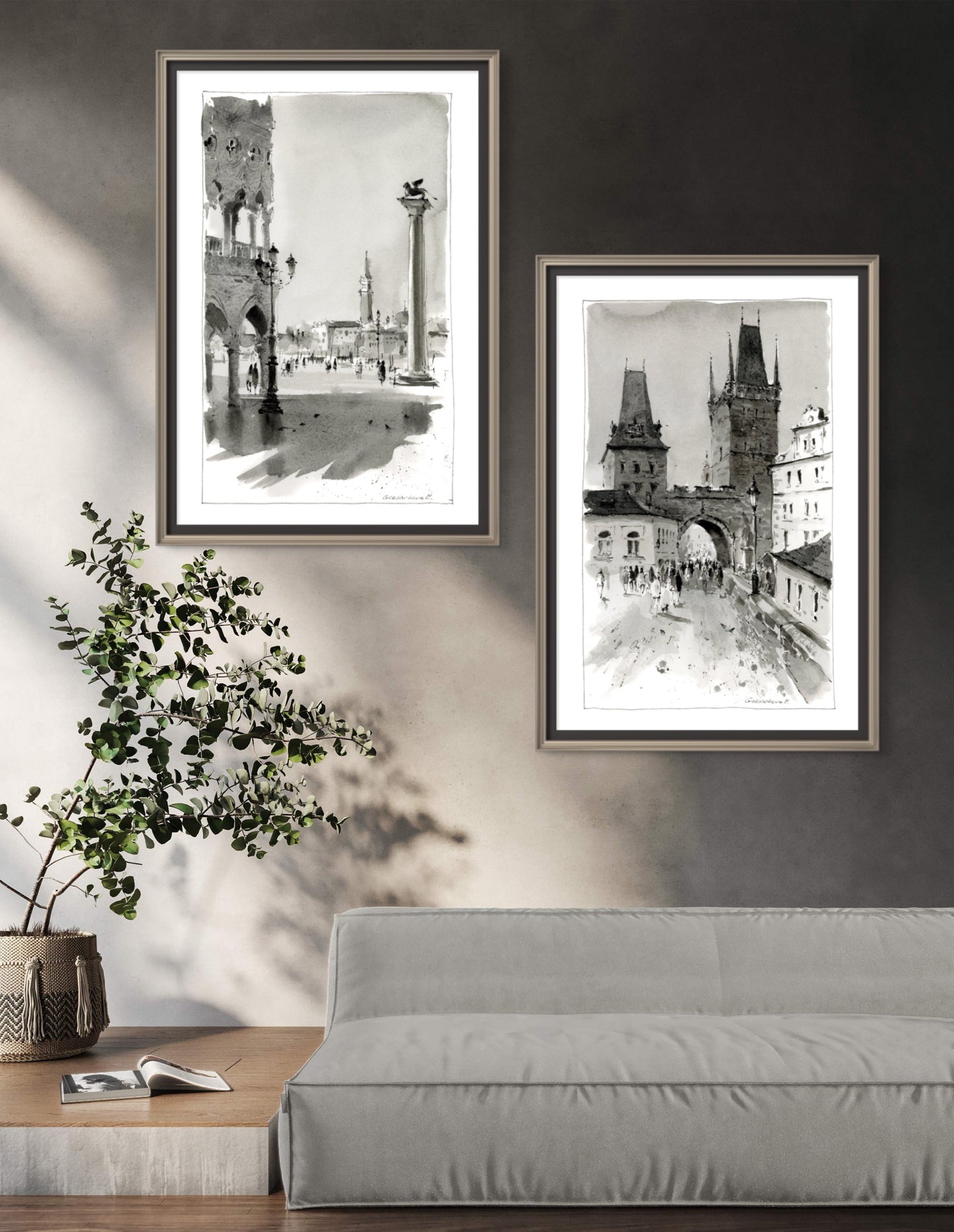 Chic Set of 2 Black & White Watercolor Prints - Piazza San Marco & Prague