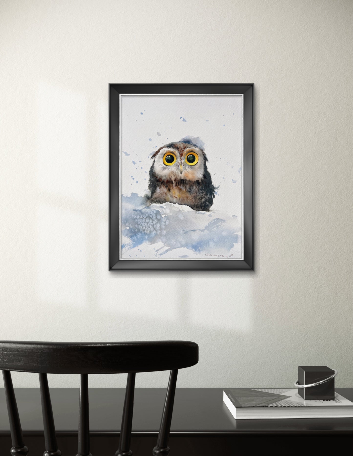 Charming Original Watercolor "Owlet in Snowdrift" – Ideal Holiday Gift for Bird Lovers