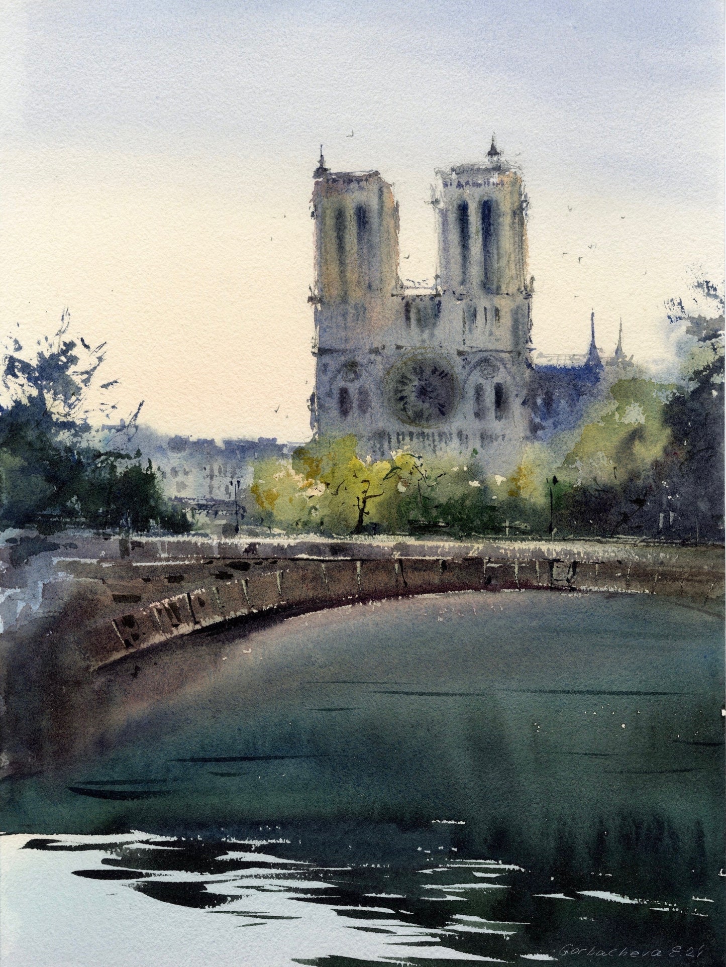 Elegant Original Watercolor Painting: Notre Dame de Paris by the Seine