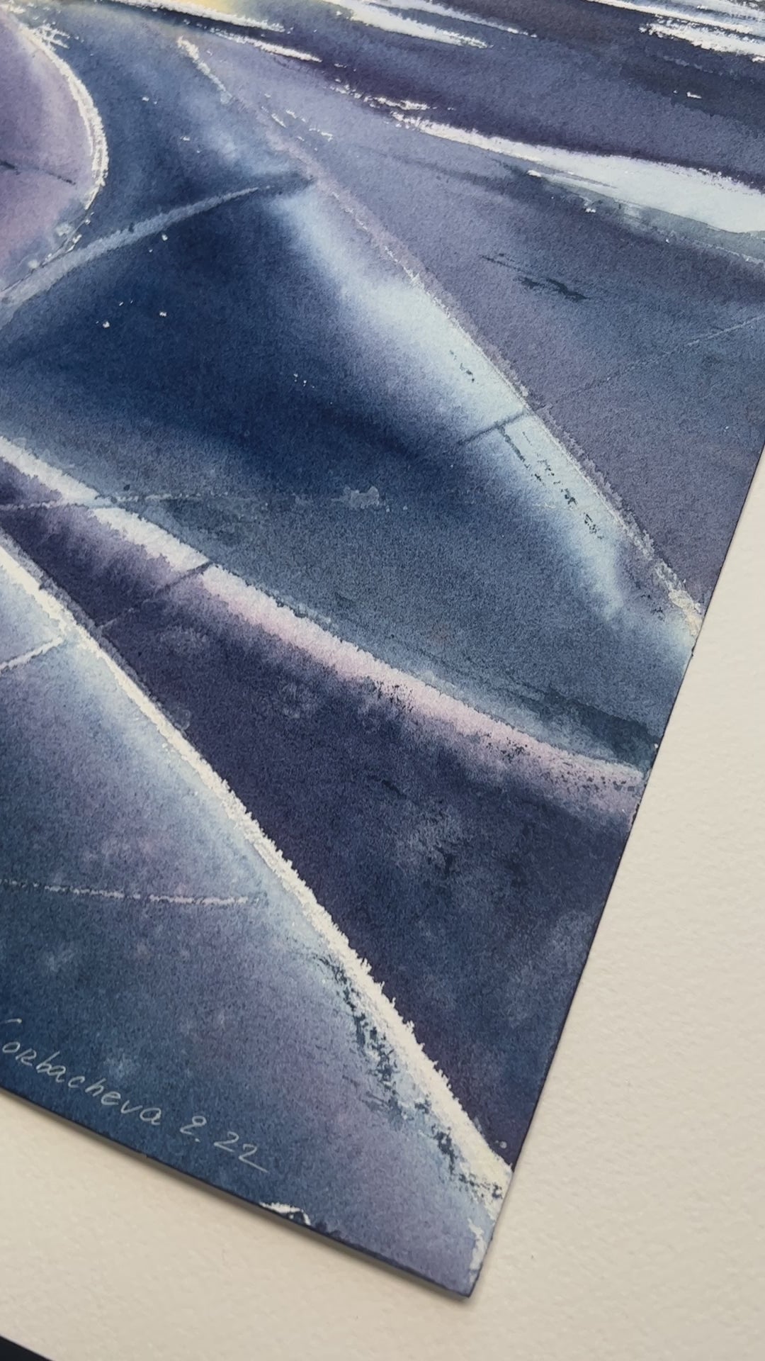 Frozen Lake Painting, Original Watercolor, Winter Landscape,Blue