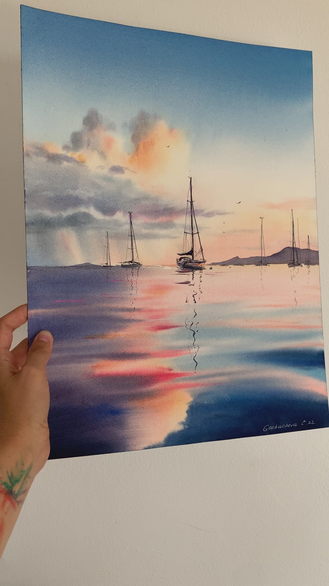 Sky Sunset and boat on the water Painting | Handmade Original Artwork Copy | Beautiful Watercolor Painting | Lake Art | Sea | Art Lover store Gift