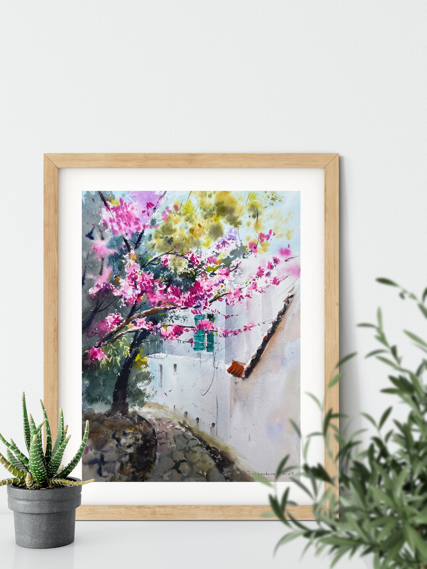 Cyprus Watercolor Painting, Original Artwork, Coastal Art Decor, Cercis Flowers, Cyprus Cityscape, Gift For Home