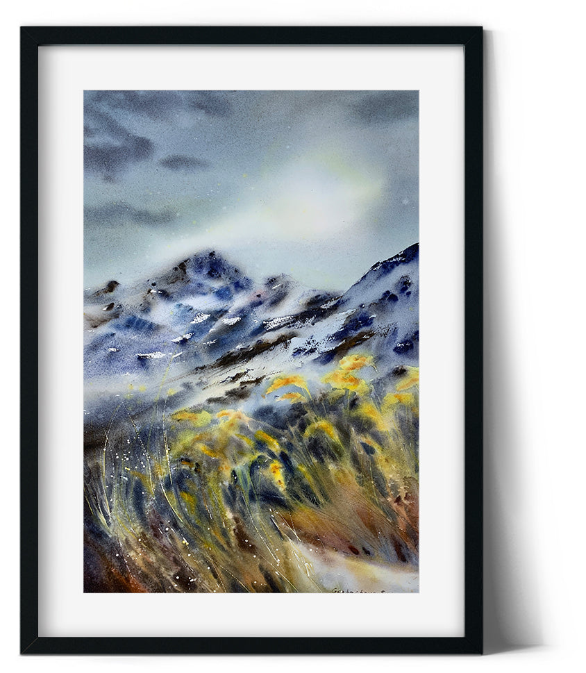 Autumn Modern Mountain Painting Watercolour Original, Abstract Nature Art, Landscape
