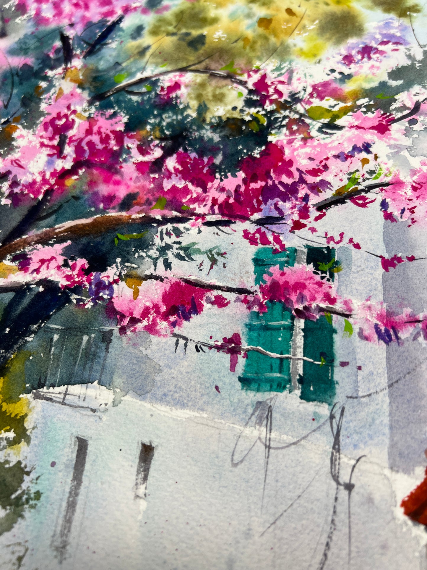 Cyprus Watercolor Painting, Original Artwork, Coastal Art Decor, Cercis Flowers, Cyprus Cityscape, Gift For Home